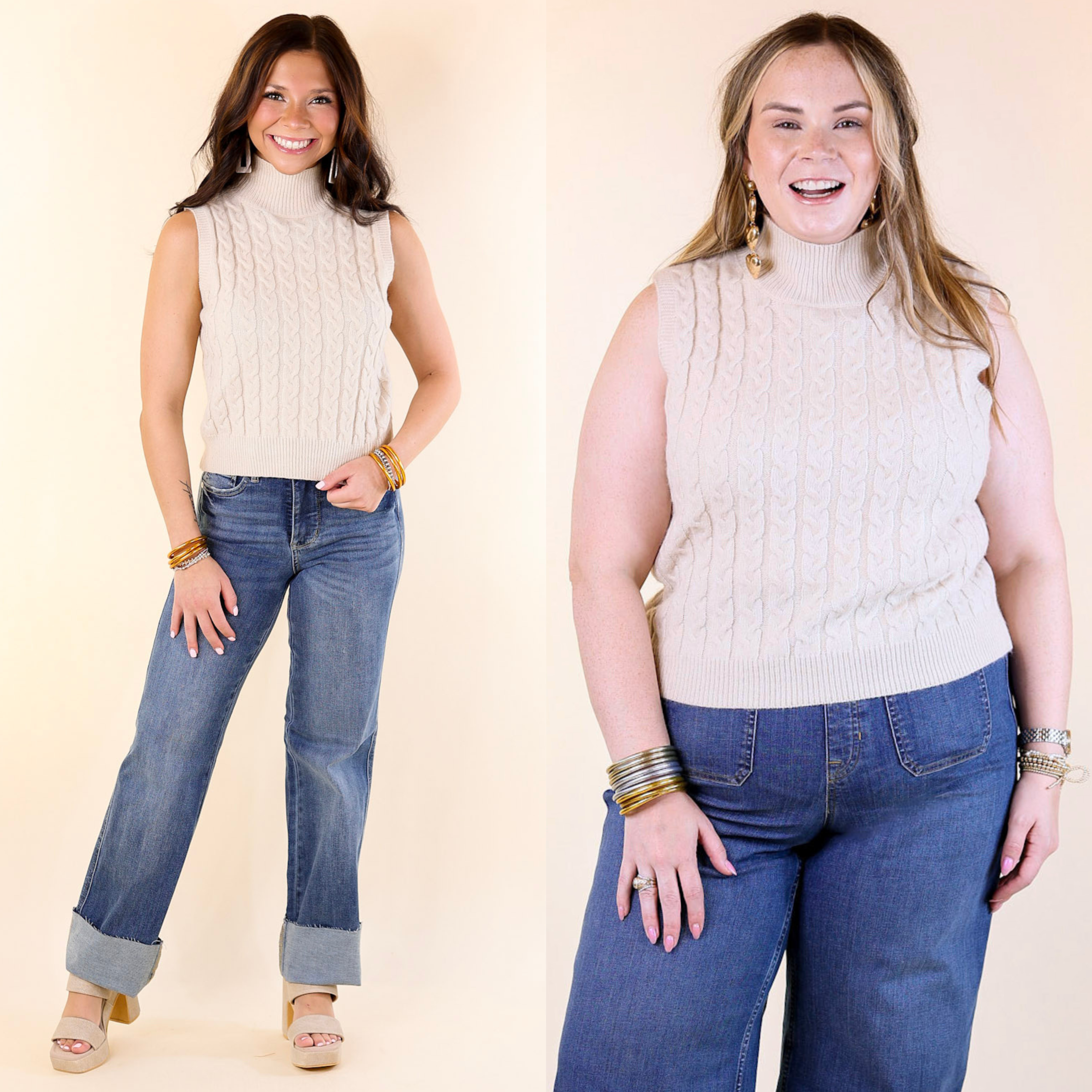 Cider Sips Cropped Sweater Tank Top with High Neck in Ivory | Women's Casual Knit Top for Spring & Summer | Perfect for Beach, Brunch, and Date Nights