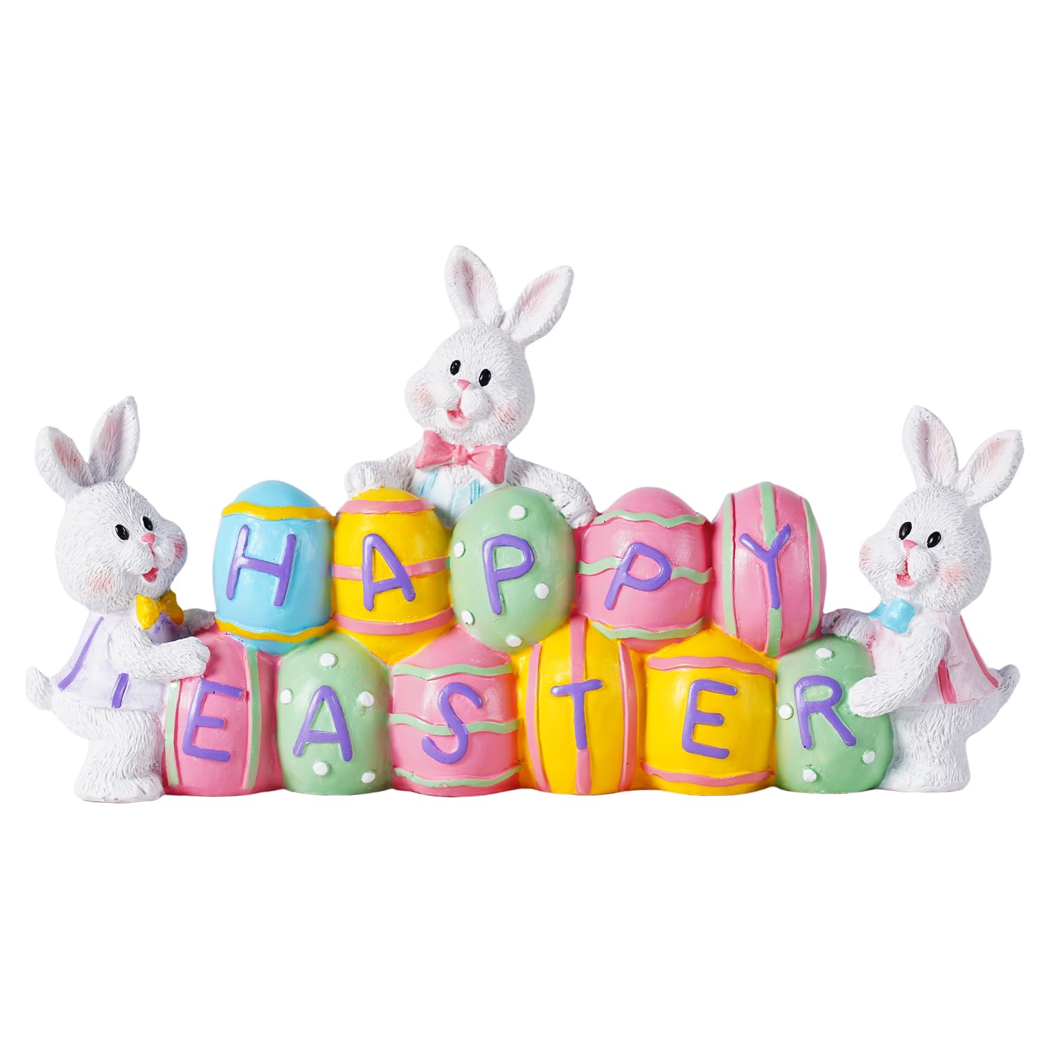 3 Resin Easter Bunny Figurines Holding Eggs - Happy Easter Decor for Spring, Home, Office & Party Centerpiece - Perfect for Easter Tabletop Decorations and Festive Celebrations