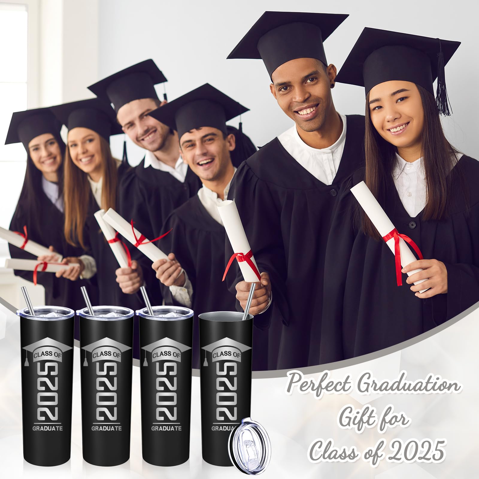 Patelai 4-Pack Class of 2025 Graduation Tumblers - Insulated Water Bottles with Lid, Straw & Brush - Perfect Graduation Gifts for Her, Him, Daughter, Son & Friends (Black) | Great for School, College Ceremonies & Travel
