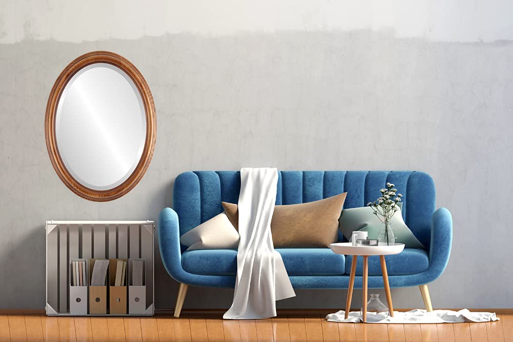 Oval Wooden Beveled Wall Mirror - Toasted Oak Frame - 19.4x23.4 Inches - Modern Home Decor for Bathroom, Vanity, Bedroom, Living Room & Hallway - Melbourne Style Mirror - Perfect for Makeup, Dressing & Wall Decoration