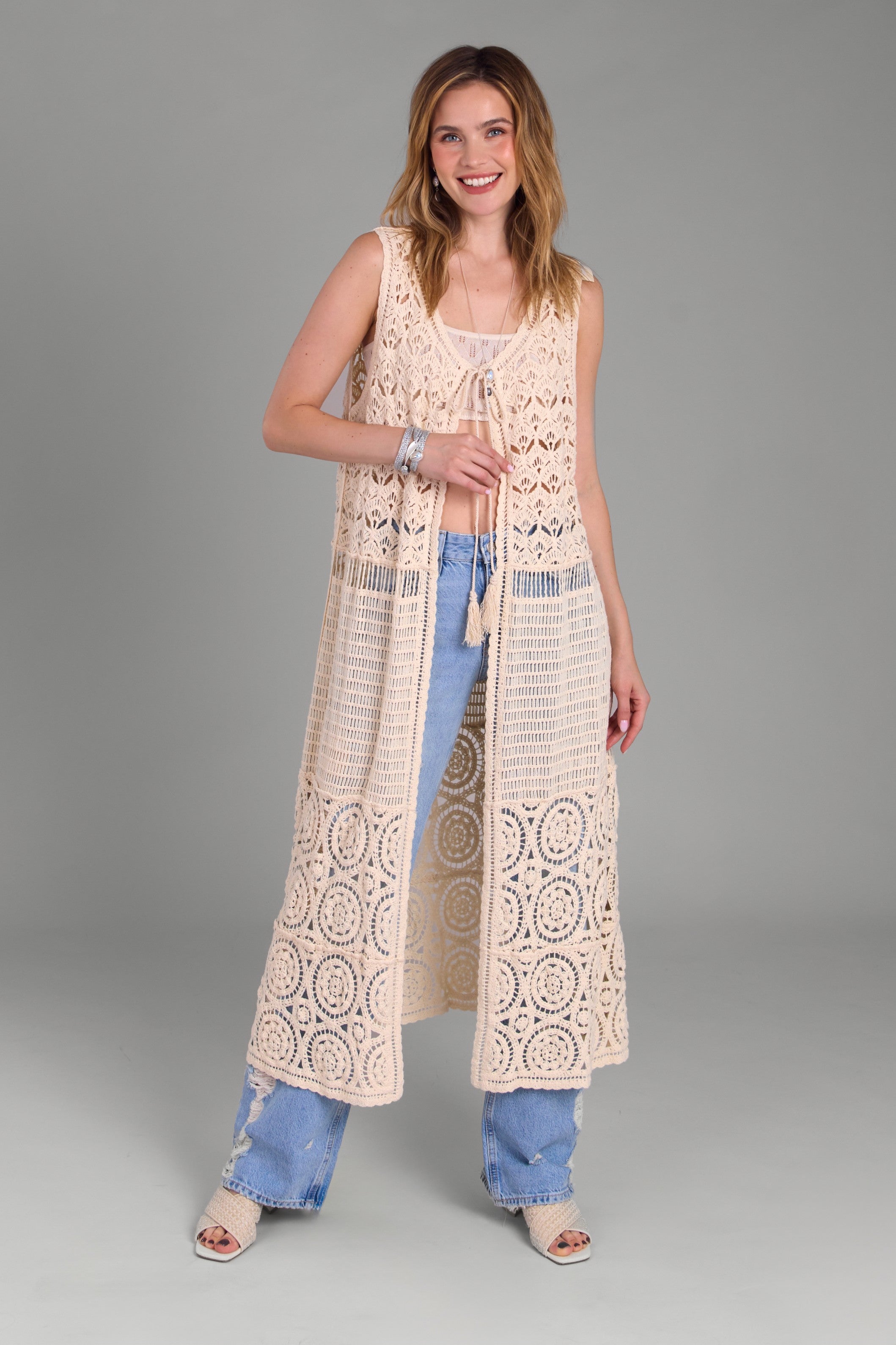 Elegant Crochet Tie Front Long Kimono Cardigan - Boho Chic Lace Cover Up for Women - Perfect for Beach, Festival, and Summer Outfits