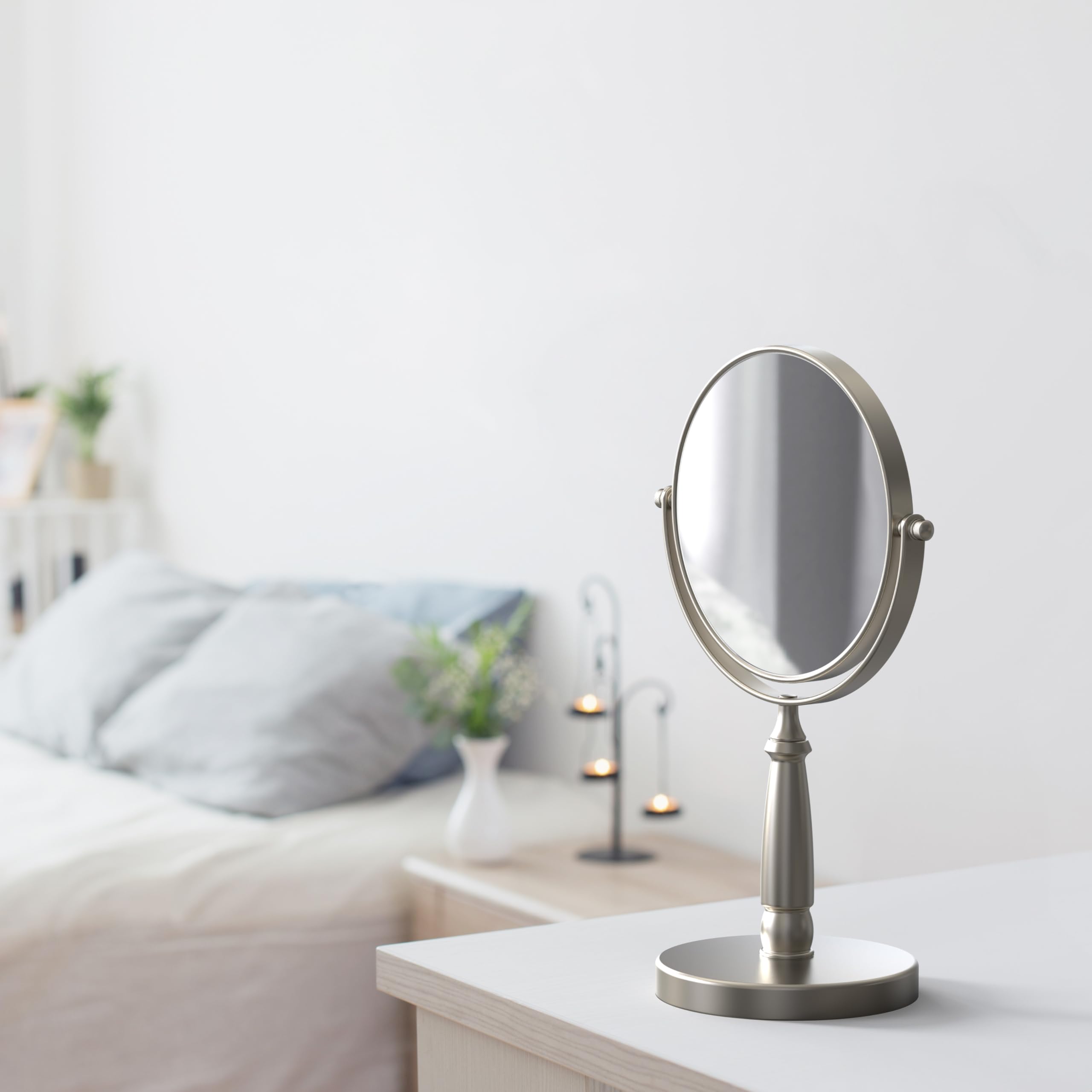 Deco Brothers 5.65-Inch Double Sided Vanity Mirror with Stand - 8X Magnification, Nickel Finish - Perfect for Makeup, Skincare & Grooming at Home or Salon