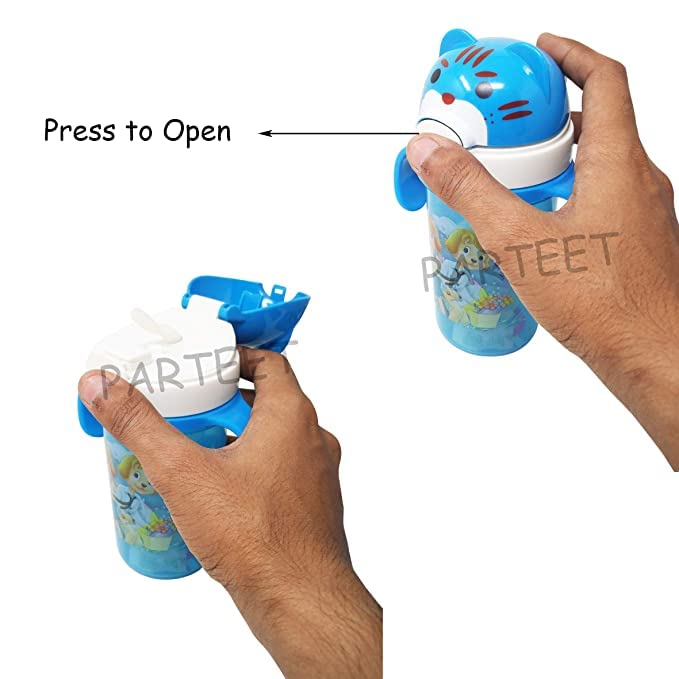 PARTEET Cartoon Printed Plastic Kids Water Bottle - BPA Free, 500ml, Leak Proof Sippy Cup for Boys & Girls - Ideal for School, Travel, and Outdoor Activities (Sky Blue)