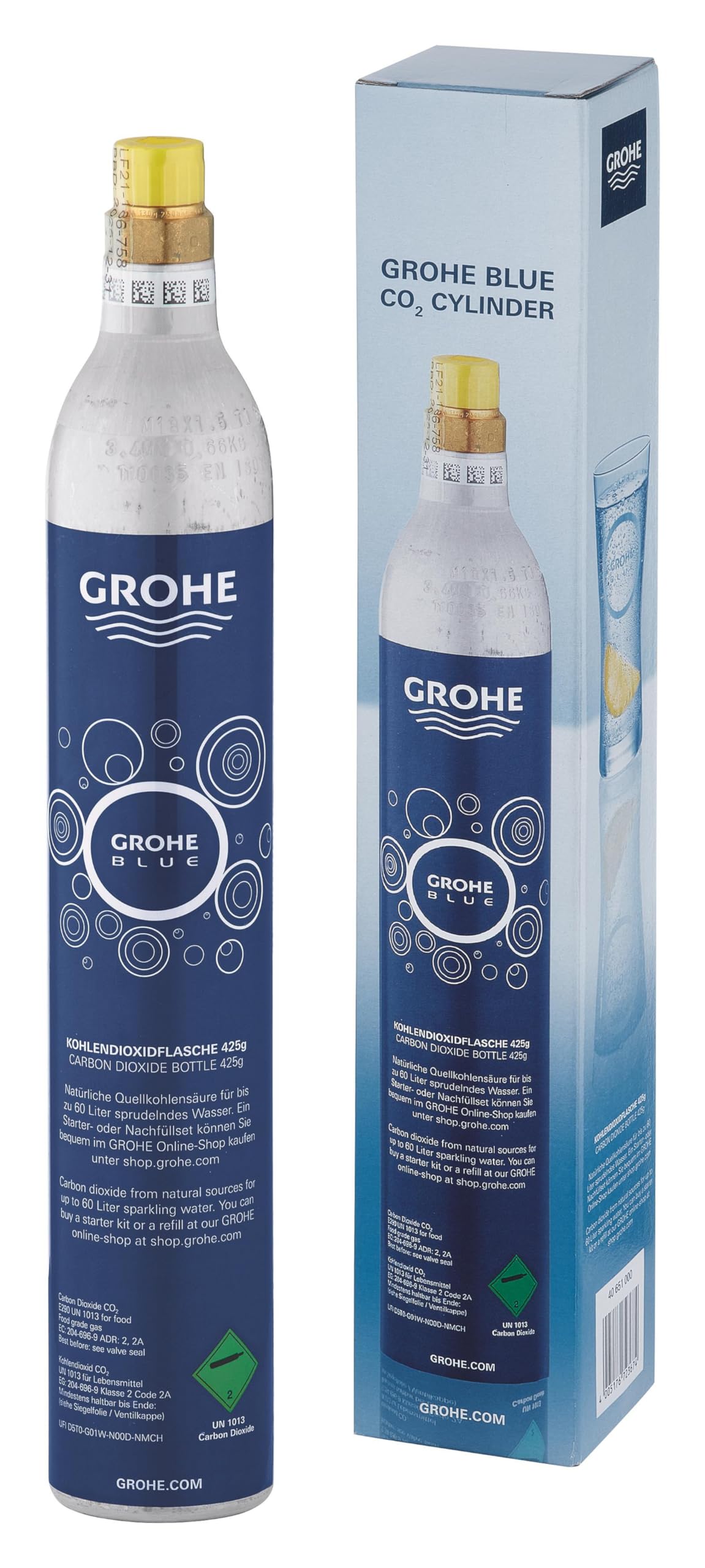 GROHE Blue CO2 Carbon Dioxide Cartridge 99.9% Pure (425g, Makes 60L Sparkling Water) - Food Grade Beverage Carbonation Accessories for Soda Makers & Home Drink Dispensers - Perfect for Carbonating Water, Cocktails, and Homemade Sodas