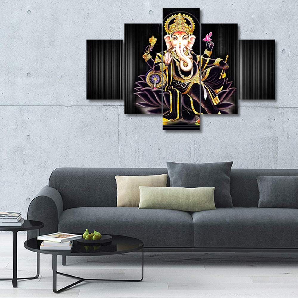 Lord Ganesha Hindu God Wall Art - 5 Piece Canvas Painting Set with Wooden Frame (60