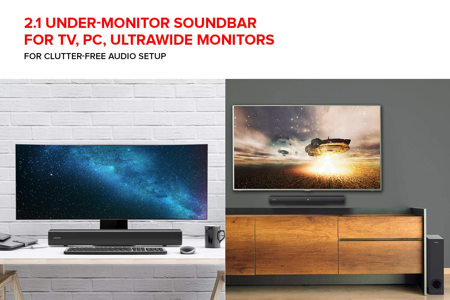 Creative Stage 2.1 Channel Under-Monitor Soundbar with Subwoofer - Bluetooth, Optical, TV ARC & AUX Inputs - Remote & Wall Mount Kit Included - Perfect for Home Theater, Gaming & Office Setup