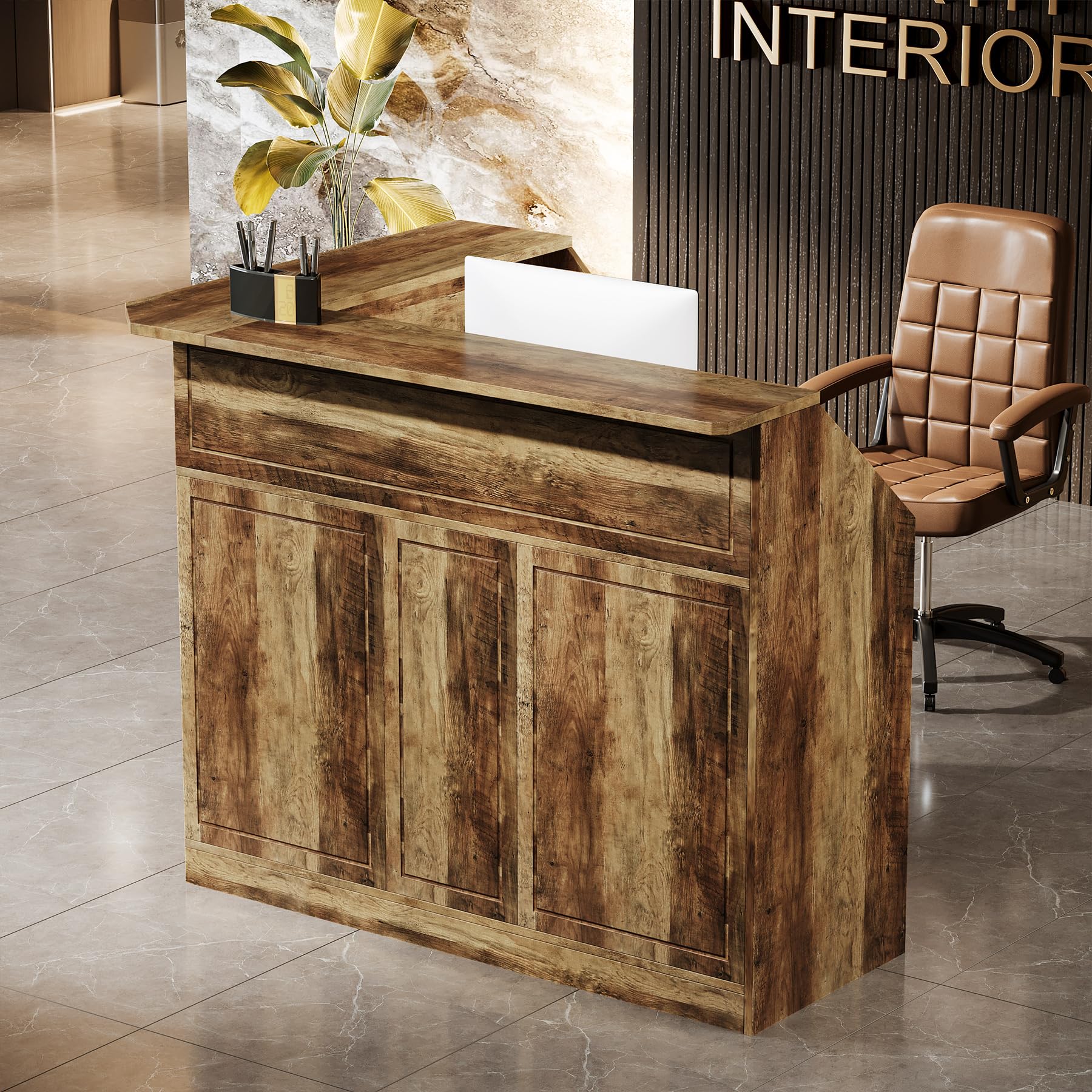 Tribesigns L-Shaped Reception Desk with Storage Shelves - Modern Office Front Counter for Small Business, Salon, Hotel & Retail Checkout (Brown) - Perfect for Space-Saving Workstations & Professional Client Greetings