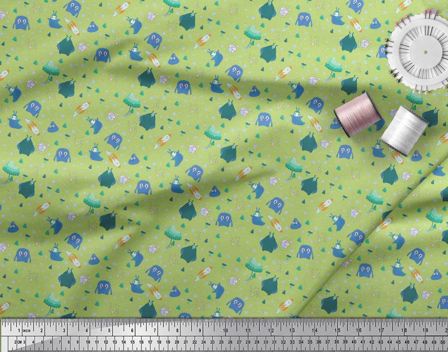Soimoi 100% Cotton Voile Fabric - Green Star Planet Alien Print - 42 Inch Wide by The Yard - Soft Lightweight Material for DIY Dresses, Curtains, Quilting & Galactic Themed Crafts