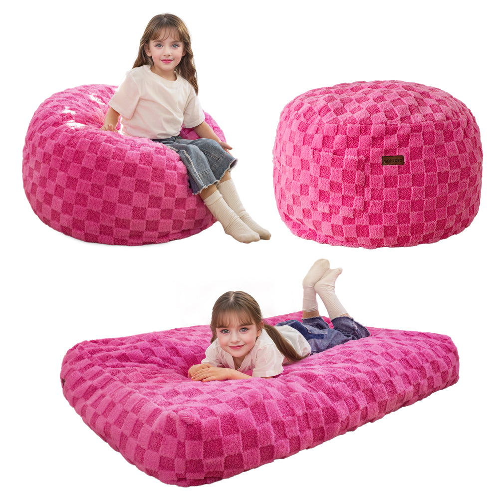 MAXYOYO Kids Bean Bag Chair Convertible to Bed - Jacquard Shaggy Plush Removable Cover, Plaid Red - Perfect for Playrooms, Bedrooms & Lounge Areas