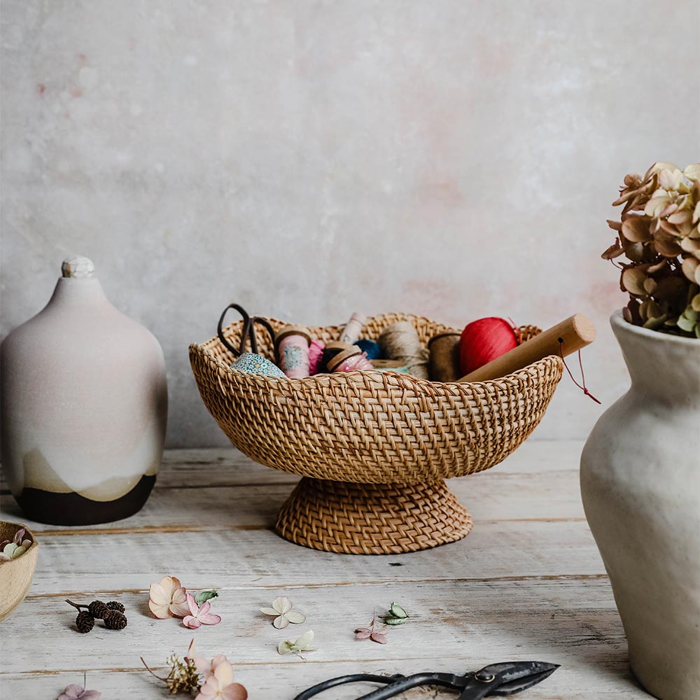 Rhode Rattan Scalloped Bowl - Handwoven Natural Rattan Serving Bowl for Fruits, Snacks & Home Decor | Perfect for Beach Picnics, Boho Home Styling & Party Serving