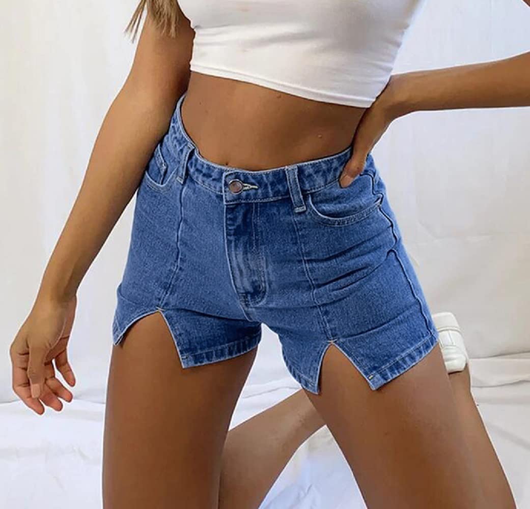 CHARTOU Women's High Waist Stretch Denim Shorts - Slim Fit Mini Jean Shorts with Front Slit | Perfect for Summer, Beach, and Casual Outfits