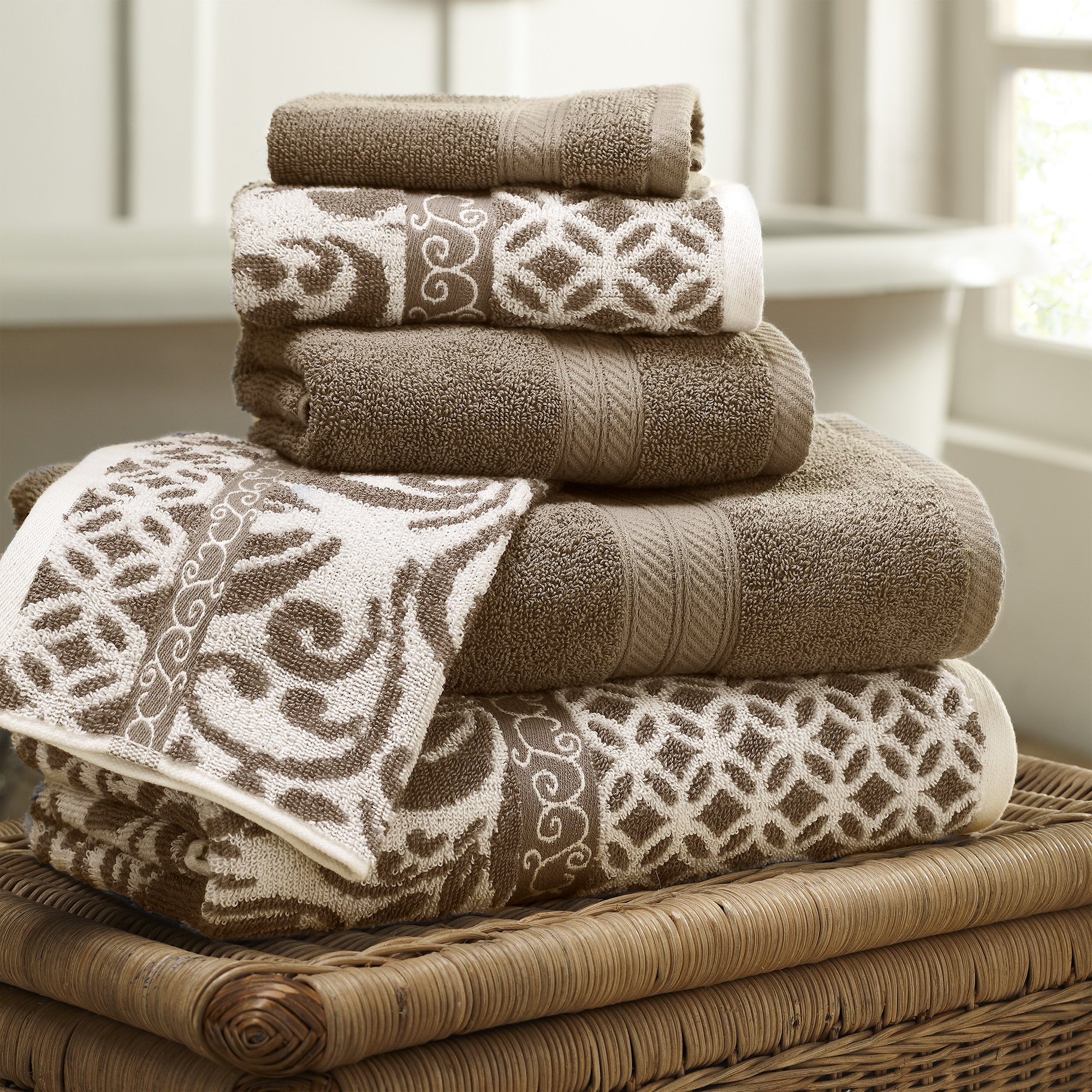 Modern Threads Trefoil Filigree 6-Piece Reversible Jacquard Towel Set - 100% Combed Cotton Bath, Hand Towels & Washcloths - Super Absorbent & Quick Dry - Luxury Bathroom & Spa Essentials for Home Decor