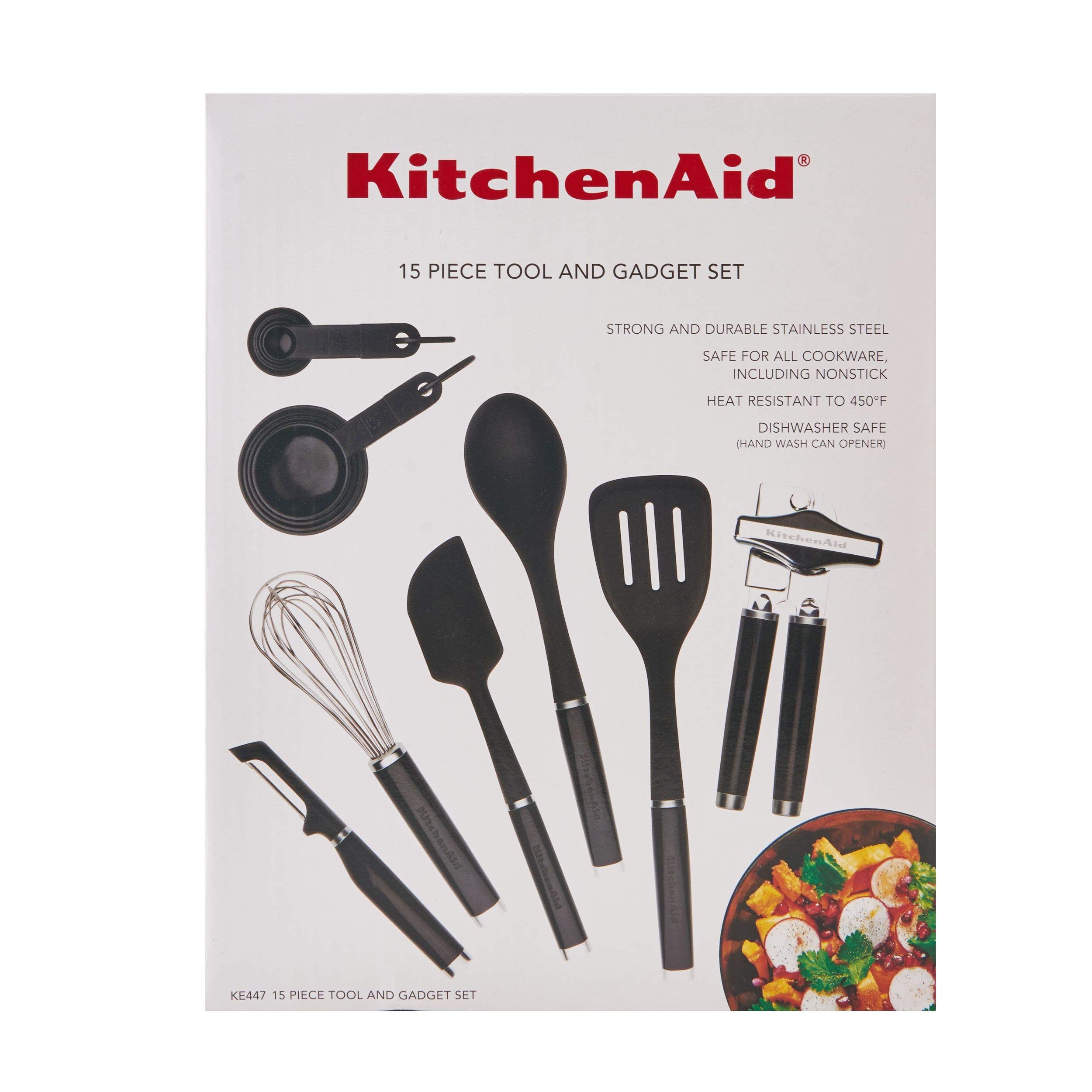 KitchenAid 15-Piece Classic Kitchen Tool and Gadget Set in Black - Essential Cooking Utensils for Baking, Grilling & Food Prep