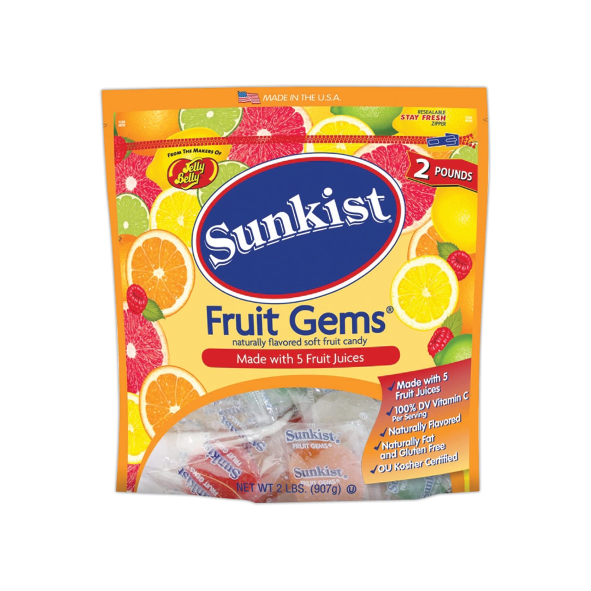 Sunkist Fruit Gems Soft Candy - Assorted Natural Fruit Flavors, 2 Pound Bag - Perfect for Parties, Snacking & Gift Giving