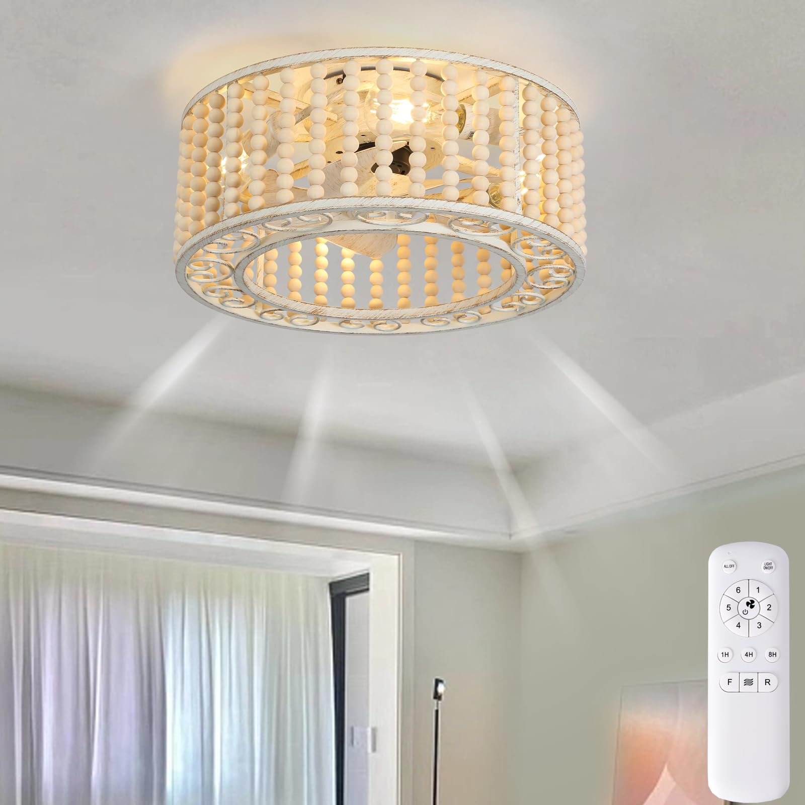 JSAITEE 18 Inch White Caged Ceiling Fan with Lights - Boho Beaded Flush Mount Fandelier, 6-Speed Reversible Motor & Remote Control, E26 Bulb Base - Perfect for Bedroom, Dining Room, Kitchen & Boho Home Decor