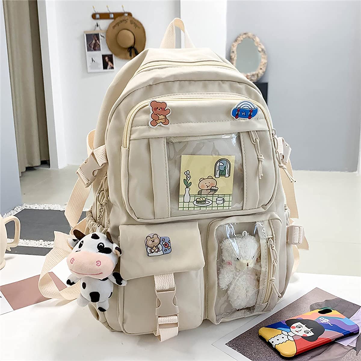 Cute Kawaii Aesthetic Backpack with Badge Pins & Keychain Pendant - Lightweight Travel Backpack for School, College, Work & Daily Use
