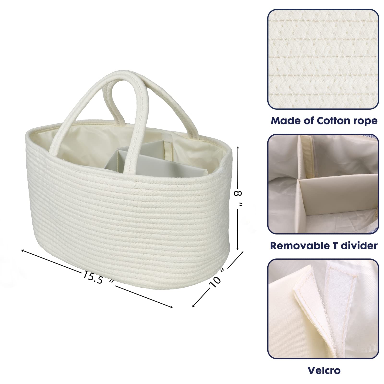 Large Baby Diaper Caddy Organizer - Portable Nursery Storage Bin Basket for Boys & Girls - Perfect for Changing Table, Car Travel & Baby Shower Gifts - Essential Newborn Registry Must-Haves (White)