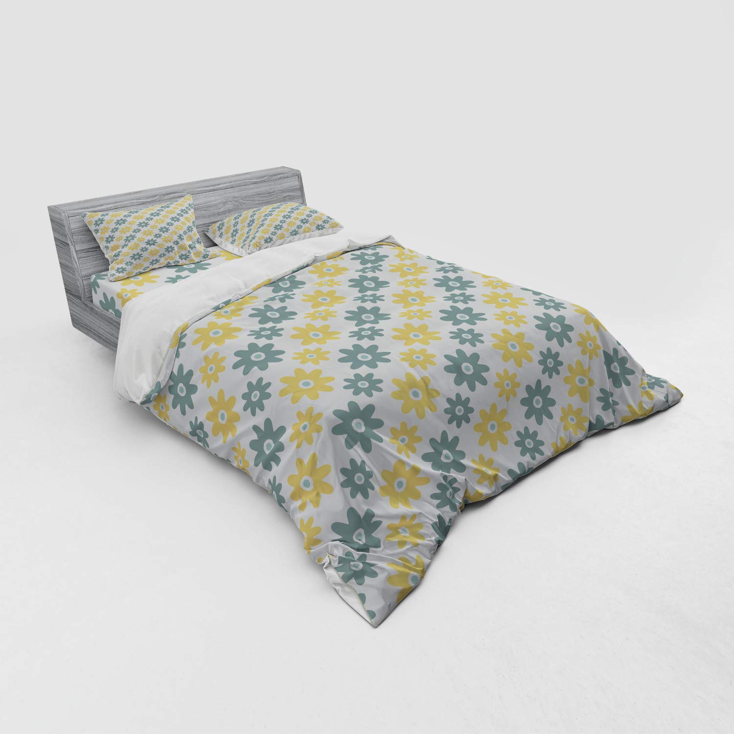 Ambesonne Garden Duvet Cover Set - Vibrant Wildflowers & Daisies Retro Design, 4-Piece Queen Size Bedding Set with Shams & Fitted Sheet in Almond Green Apricot Mustard | Perfect for Spring Bedroom Decor, Nature-Inspired Home Styling & Cozy Farmhouse Aesthetic