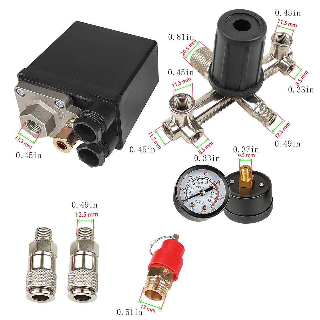 Air Compressor Pressure Switch with Regulator Control Valve & Gauge - Replacement Part for Air Pump Systems | Perfect for Workshop Tools, HVAC Equipment & Industrial Machinery