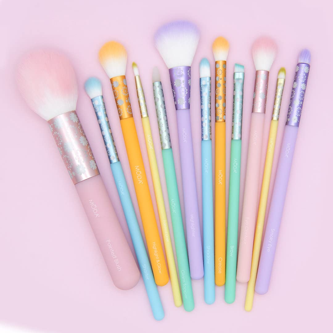 MODA Posh Pastel 12-Piece Professional Makeup Brush Set - Blush, Highlighter, Eyeshadow, Crease, Brow & Lip Brushes for Flawless Makeup Application | Perfect for Travel, Bridal & Everyday Beauty Routine