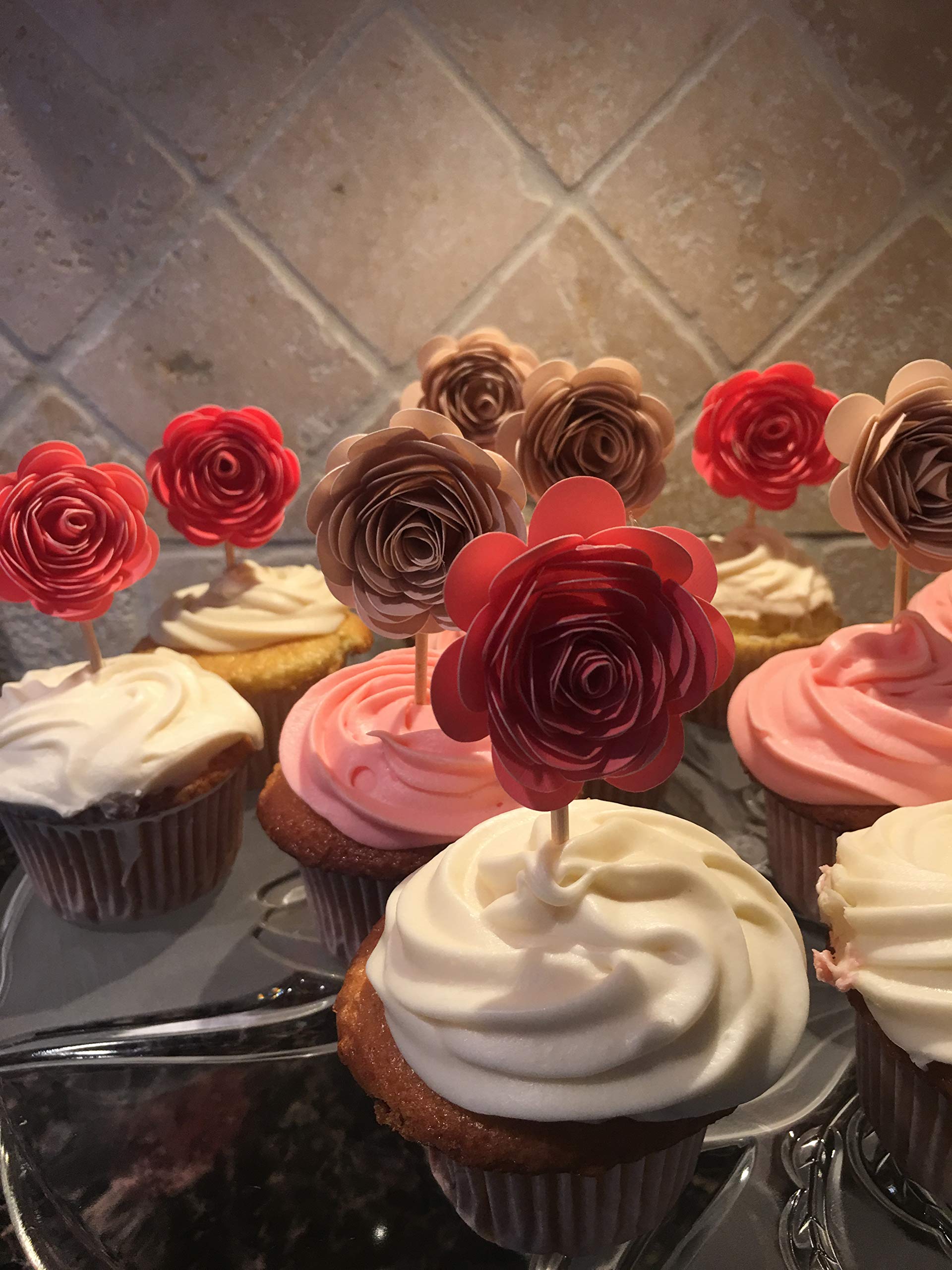 Pink Paper Flower Cupcake Toppers for Weddings, Bridal Showers & Parties - Elegant DIY Cupcake Decorations for Engagement, Bachelorette, Communion & Birthday Celebrations - Perfect for Romantic Events & Special Occasions