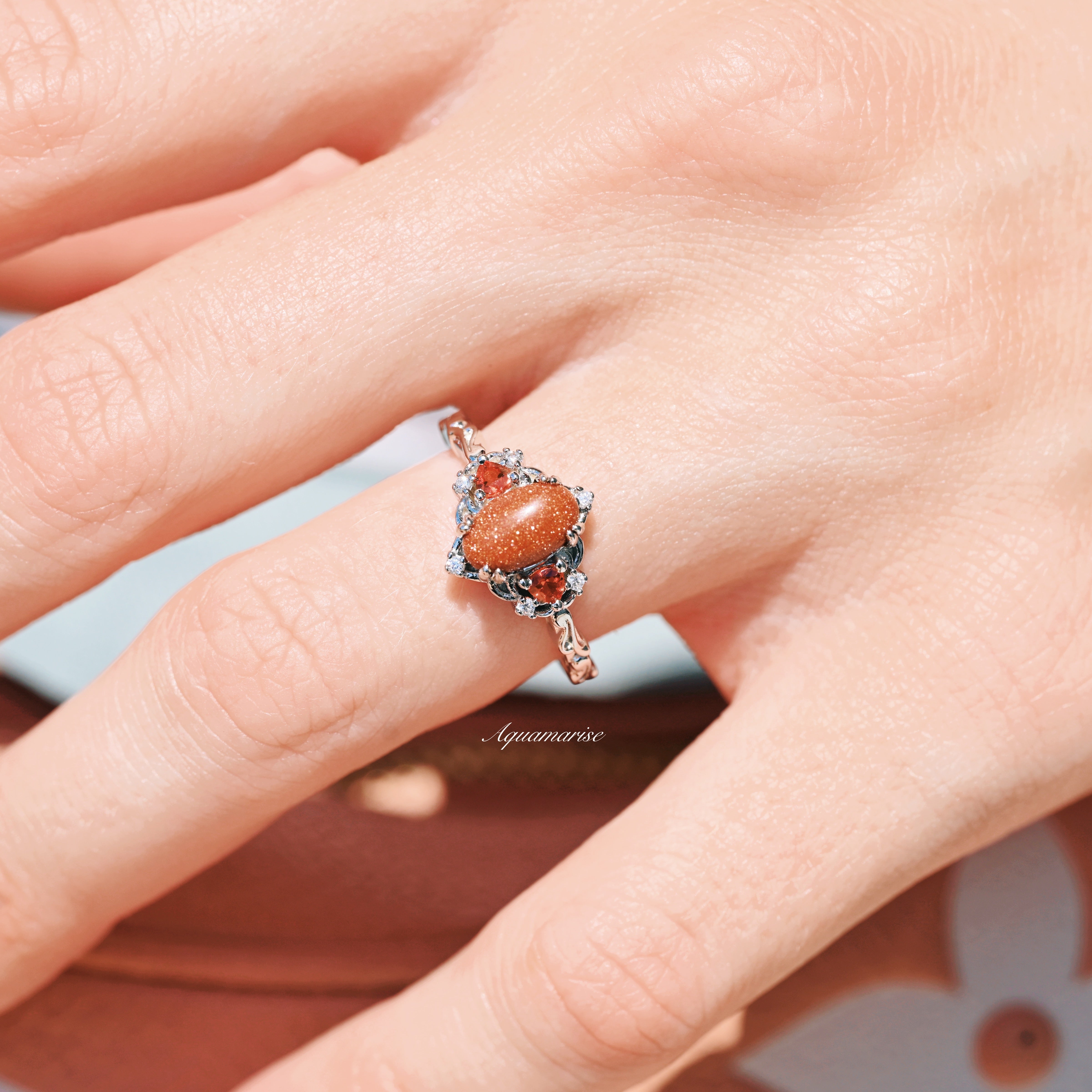 925 Sterling Silver Esme Red Sandstone & Orange Sapphire Ring - Elegant Bohemian Jewelry for Women, Perfect for Weddings, Parties & Everyday Wear