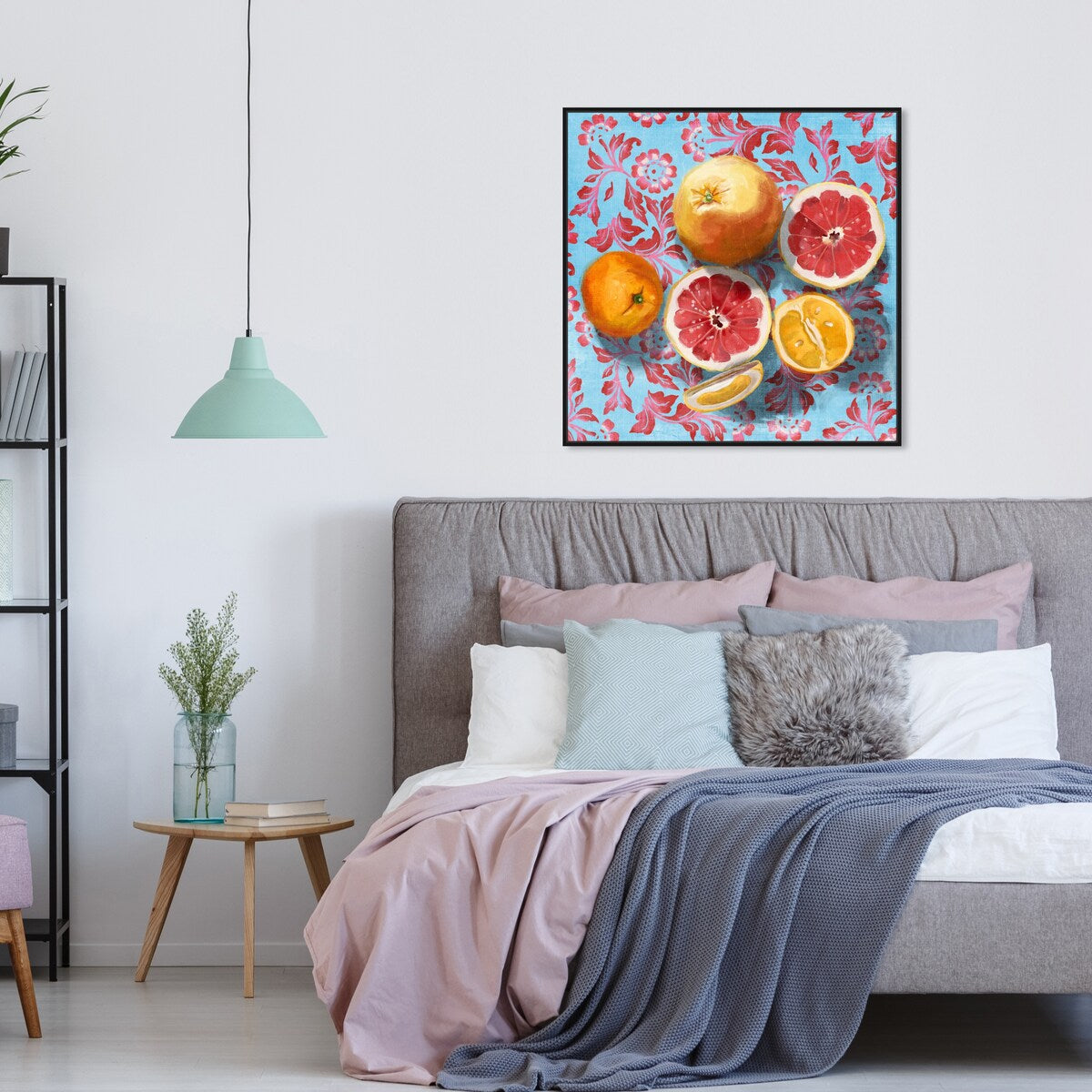 Tropical Citrus Still Life Blue Framed Canvas Wall Art Print - Sour Fruit Kitchen Decor for Cabin & Lodge - Perfect for Farmhouse, Dining Room & Country Style Homes