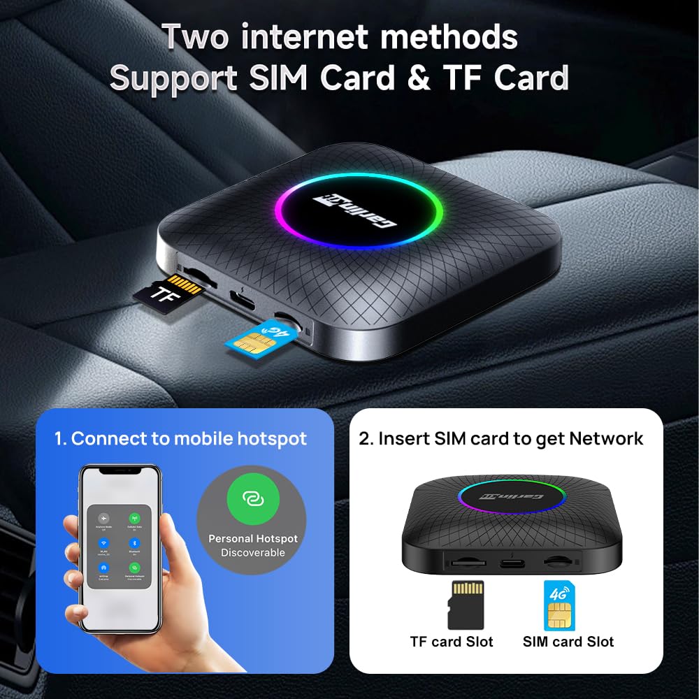 CarlinKit New Android 13 AIBOX LED Ambient Light Wireless CarPlay/Android Auto Adapter - Qualcomm SM6225, 8GB RAM + 128GB Storage, Supports YouTube/Netflix/Disney+/OTA Upgrade - Perfect for In-Car Entertainment & Streaming on Road Trips