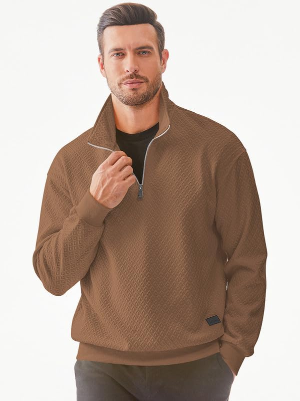 Men's Quarter Zip Sweatshirt - Casual Mock Neck Pullover with Geometric Waffle Texture | Long Sleeve Solid Color Sweater for Work, Outdoor & Lounge Wear