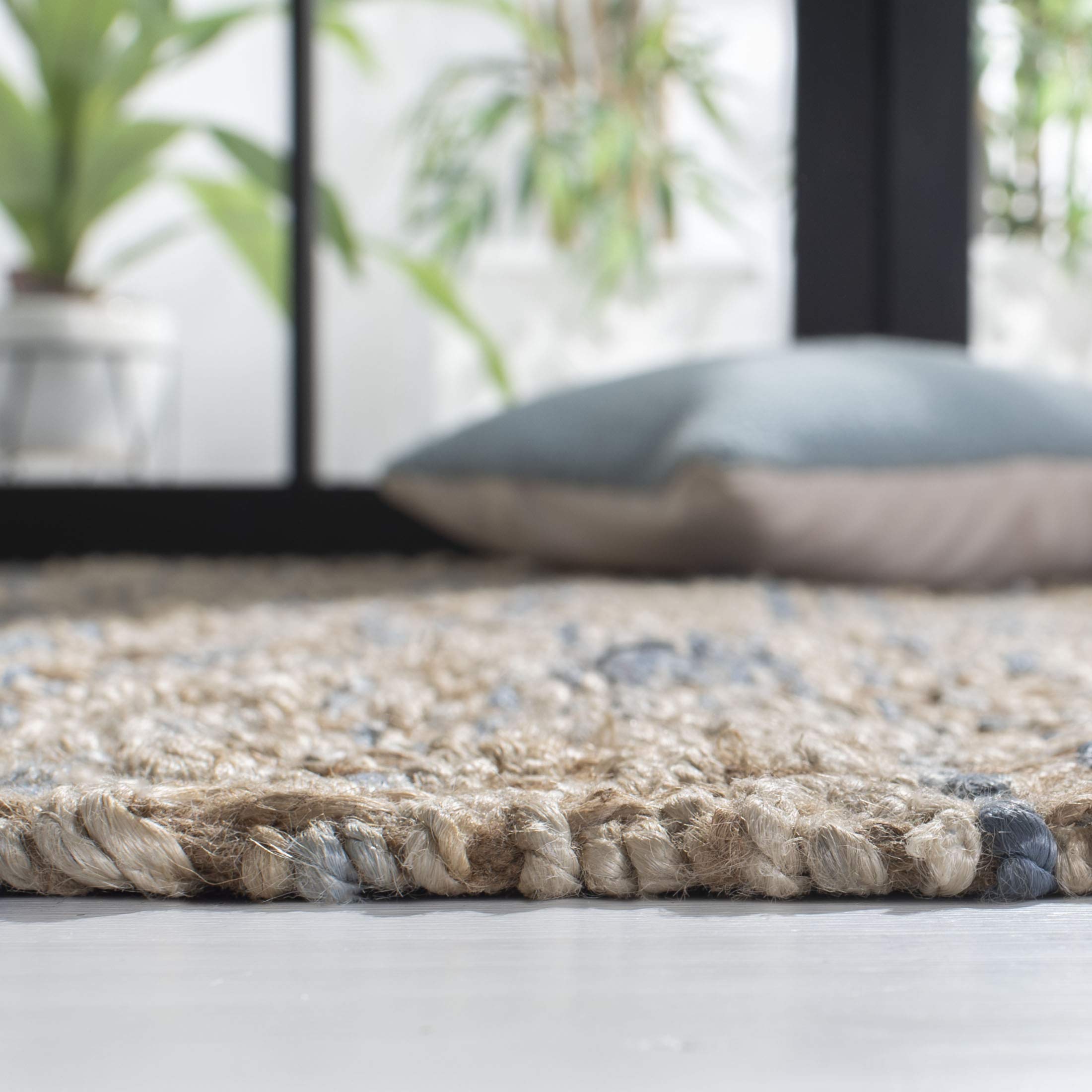 SAFAVIEH Handmade Woven Jute Area Rug 5' x 8' - Natural & Blue, Fringe Detail, Eco-Friendly Natural Fiber for Living Room, Bedroom & High Traffic Areas | Durable Floor Decor for Cozy Home & Office Spaces (NF822A)