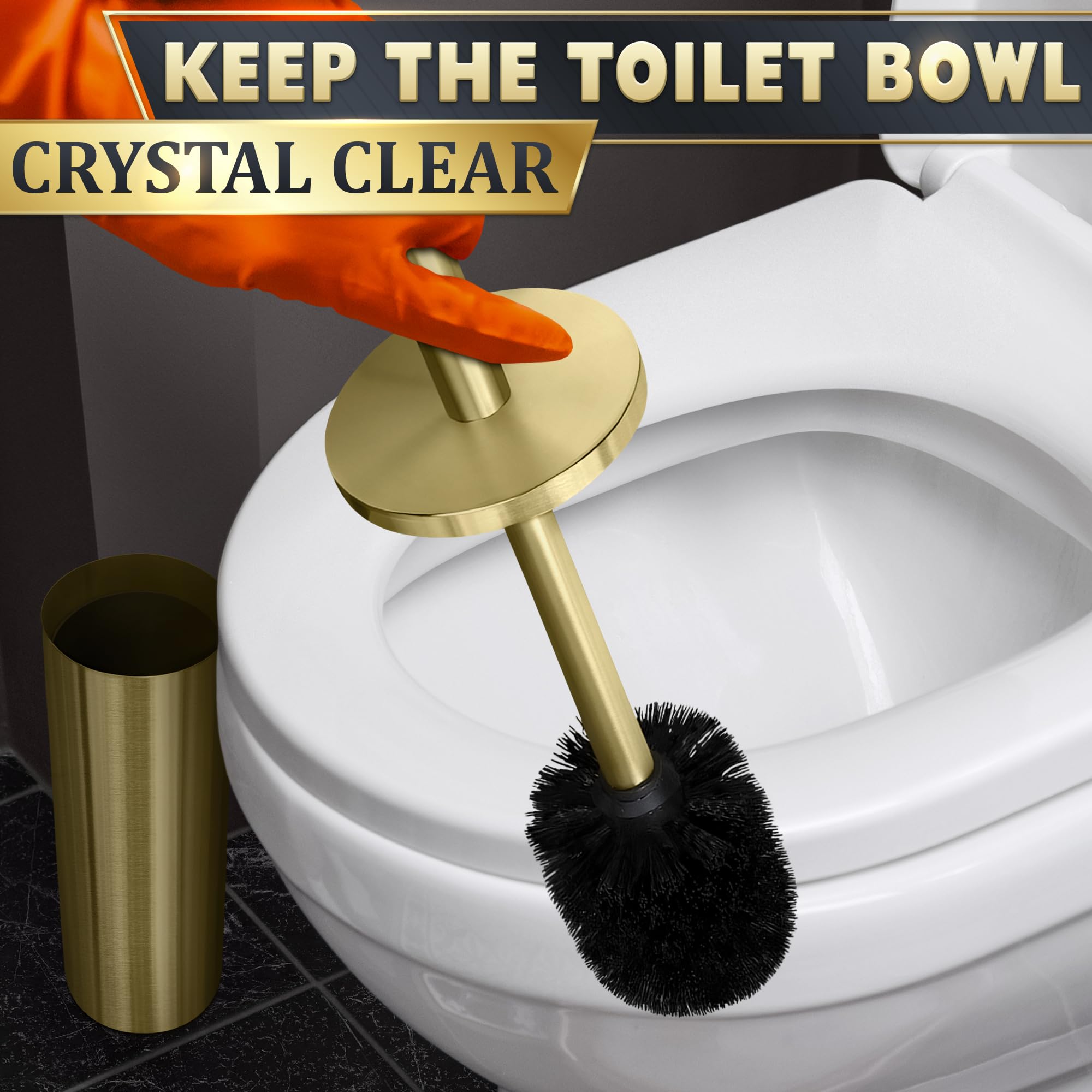 Gold Toilet Brush and Holder Set - Stainless Steel Toilet Bowl Cleaner with Replaceable Head & Splash Guard - Dense Bristles for Deep Cleaning - Perfect for Bathroom, Toilet, and Household Cleaning