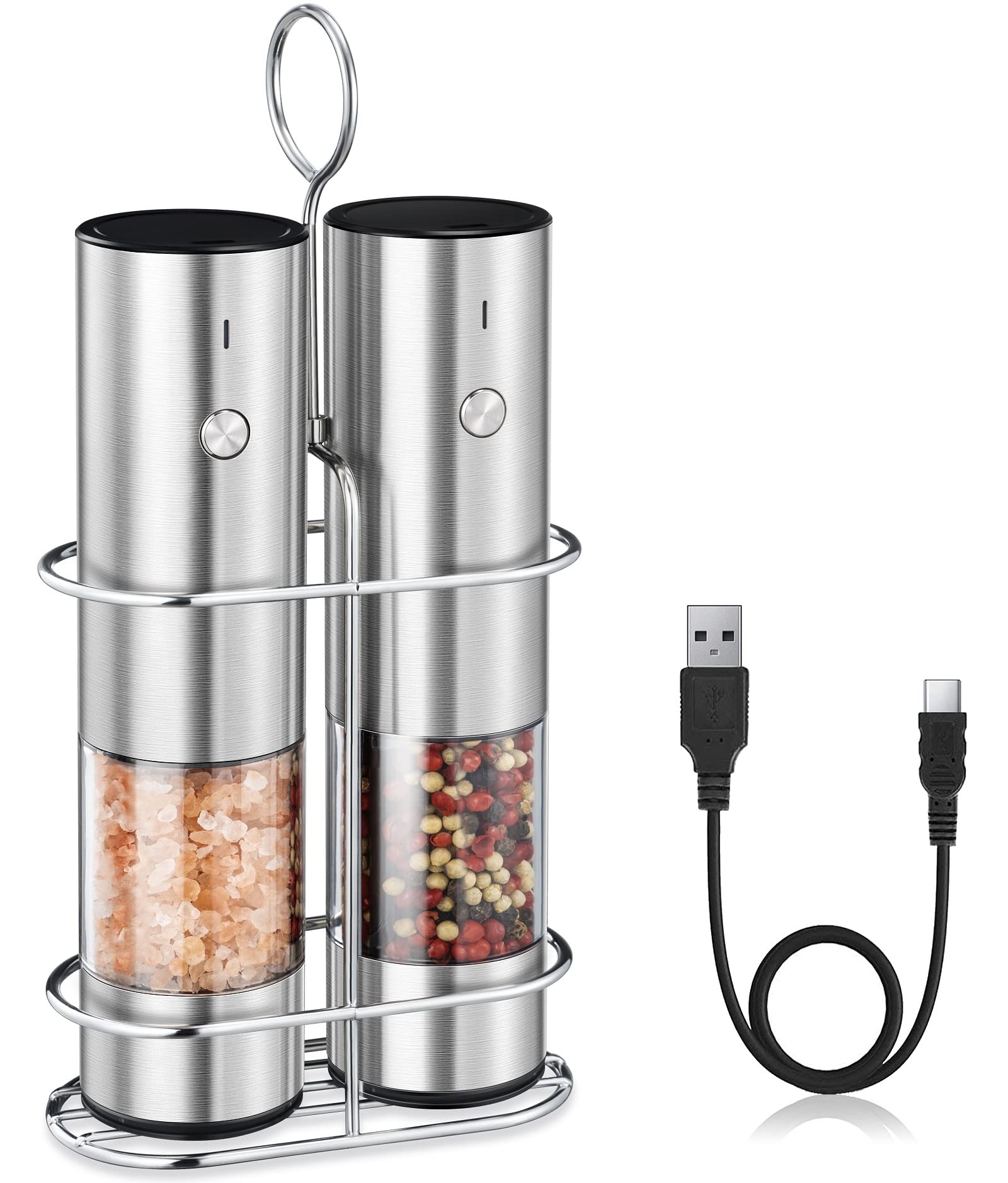 Rechargeable Electric Salt and Pepper Grinder Set with Holder - Automatic Adjustable Coarseness Mill with LED Light - Battery-Free Stainless Steel Spice Grinders - Perfect for Kitchen, Dining Table & Gift Giving