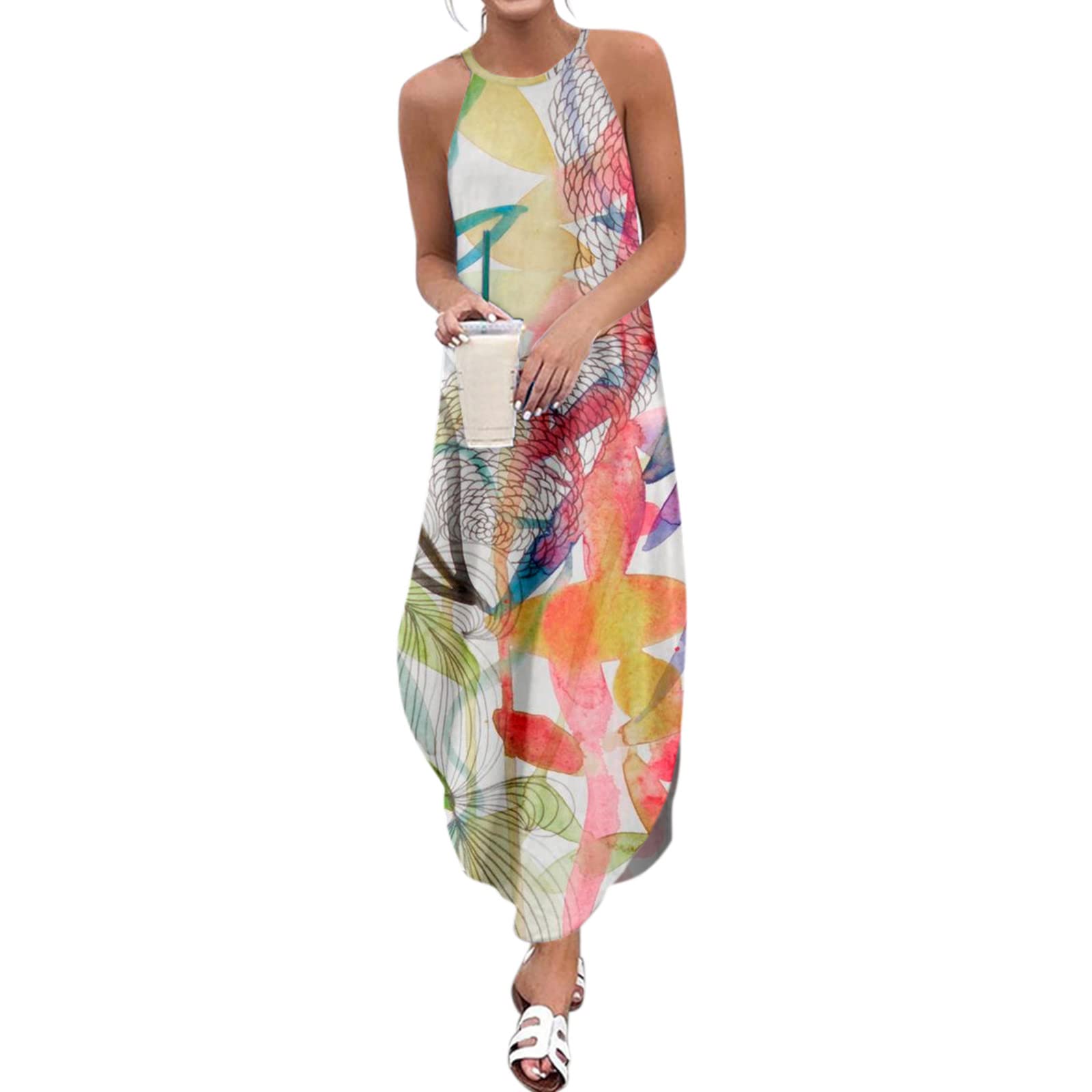 Women's Floral Print Sleeveless Maxi Dress - O-Neck Casual Summer Sundress for Beach, Vacation & Outdoor Activities | Lightweight Comfortable Sling Dress for Women