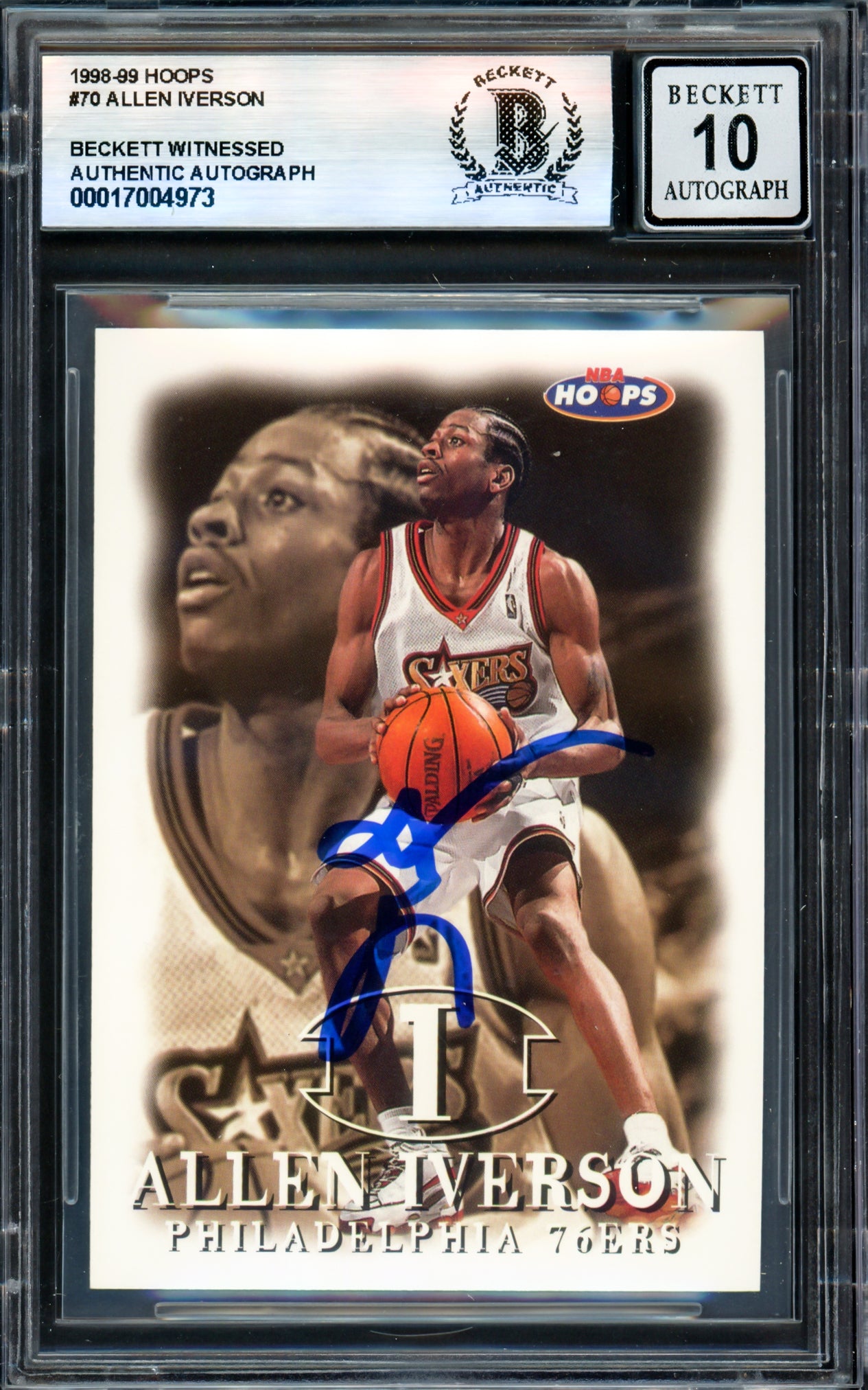 Allen Iverson Autographed 1998-99 Hoops Basketball Card #70 - Philadelphia 76ers - Beckett BAS Gem Mint 10 Grade - Witness #17004973 - Perfect for NBA Memorabilia Collectors & Sports Fans Display