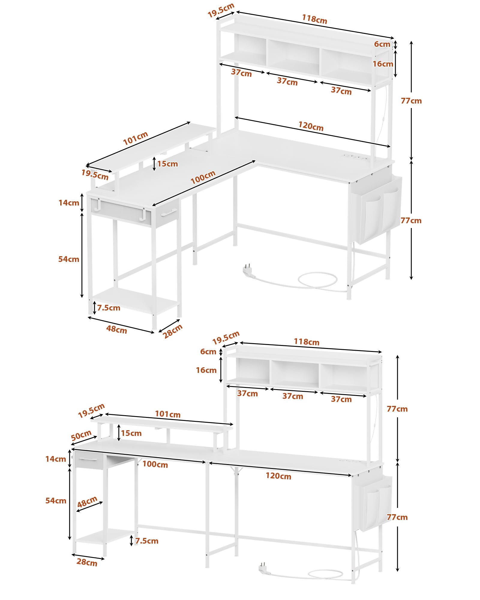 L-Shaped Computer Desk with LED Lights & Power Outlet, Gaming Desk with Bookshelf & Monitor Stand, Reversible Office Desk with Drawers & 2 Hooks - White for Home & Office Workspace