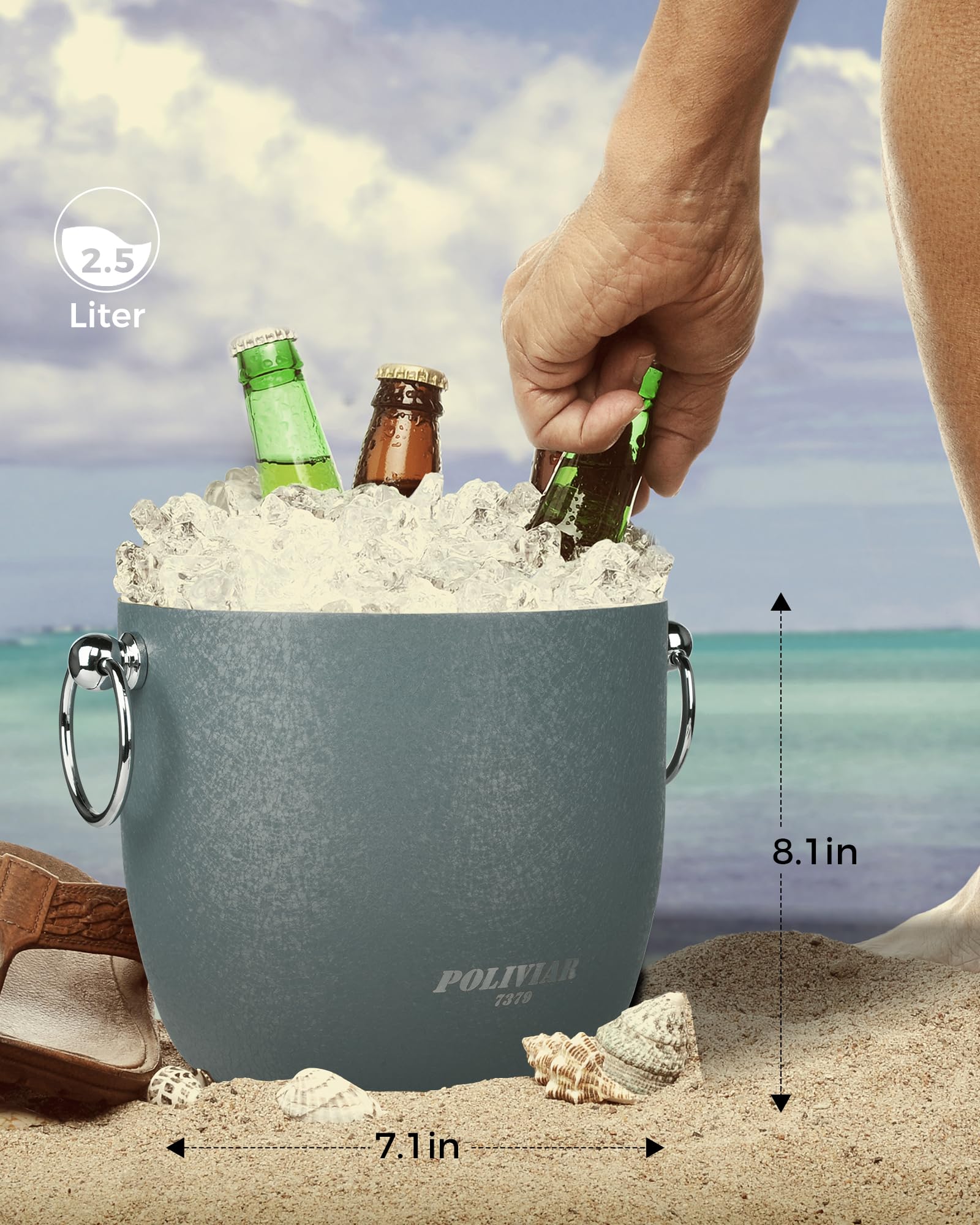 POLIVIAR 2.5L Stainless Steel Ice Bucket with Lid - Double Wall Insulated Cocktail Ice Bucket with Tong & Strainer - Perfect for Home Bars, Parties, Weddings & Outdoor Events - Keeps Ice Cold Longer for Drinks & Beverages