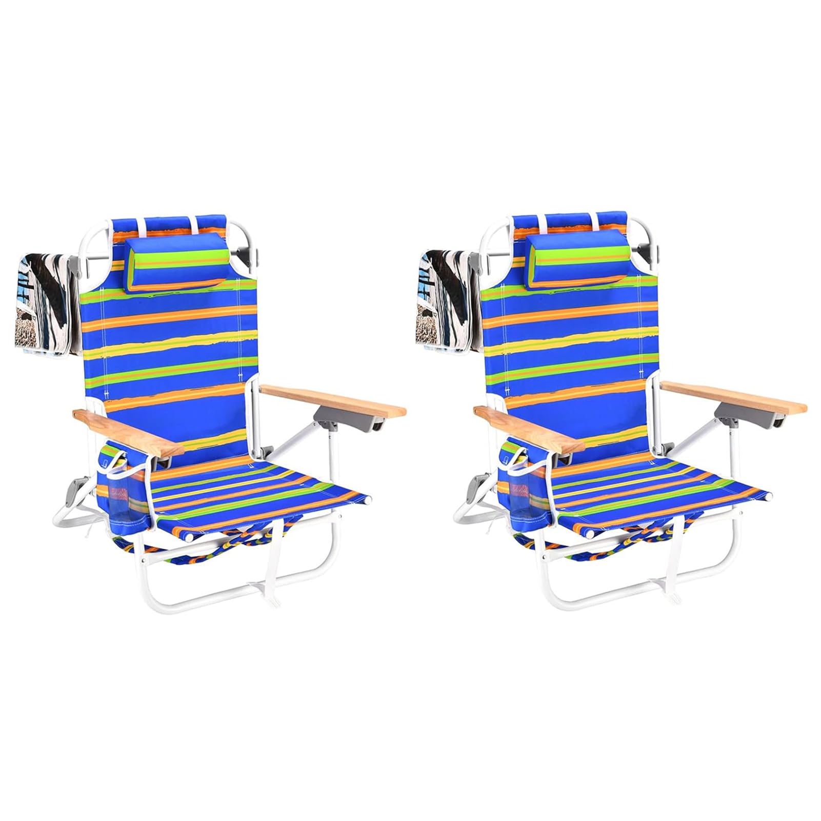 2 Pack Heavy Duty Beach Chairs for Adults - 300 lb Capacity, 5-Position Reclining, Lightweight Aluminum Frame with Storage Pouch & Carry Straps - Foldable for Travel, Camping, Picnics & Beach Days (Blue & Yellow Stripes)