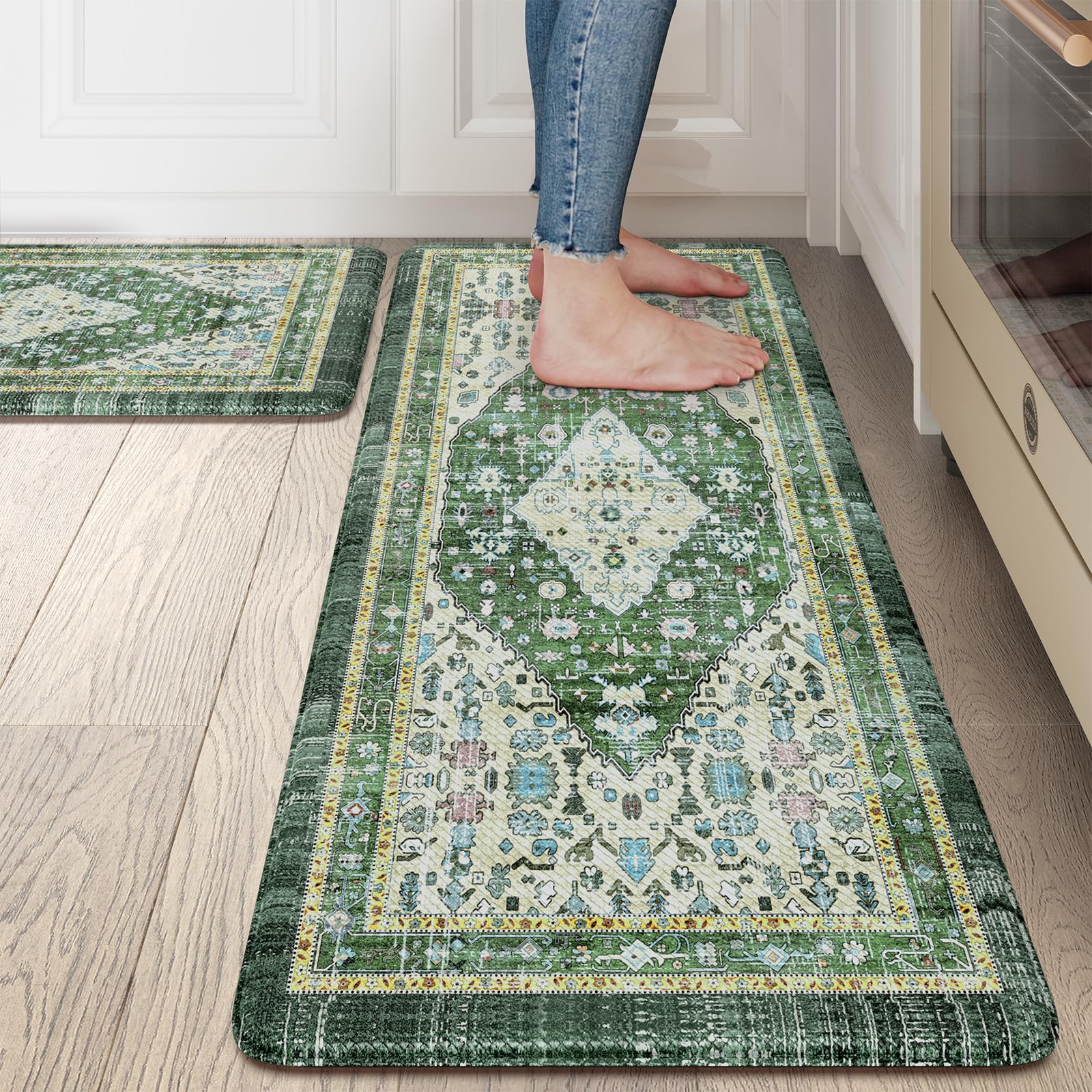 Collive Boho Kitchen Mat Set - 2 Piece Cushioned Anti-Fatigue Floor Mats, Non-Slip Waterproof Standing Rug for Kitchen, Laundry & Office - Comfortable Heavy Duty Mat for Standing Desks & Work Areas (Perfect for Cooking, Dishwashing & Long Work Hours)