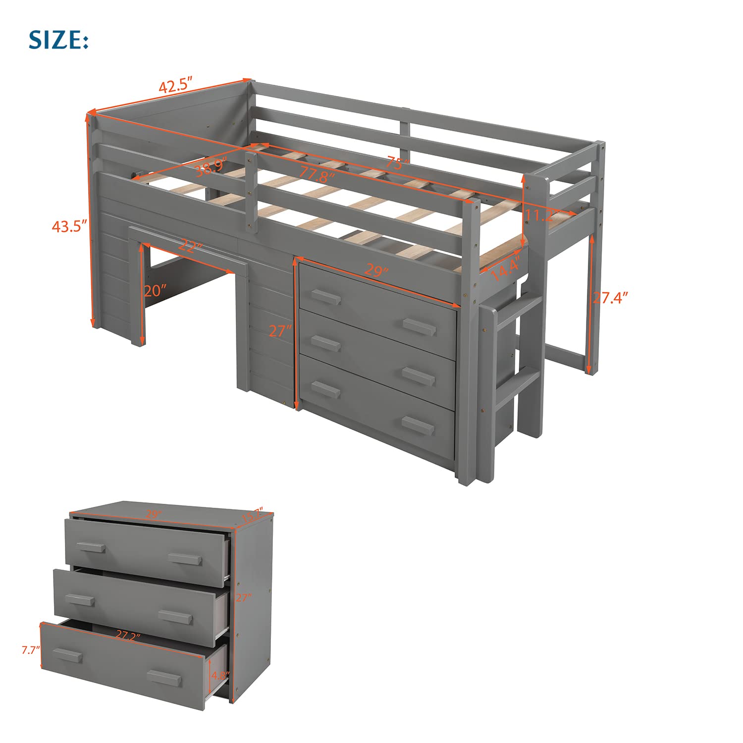 Bellemave Low Loft Bed with 3 Drawers & Cabinet - Twin Size Wooden Farmhouse Loft Bed Frame with Bedside Tray for Kids, Teens, Boys & Girls - Space-Saving Gray Loft Bed for Small Bedrooms, Dorm Rooms & Kids' Rooms