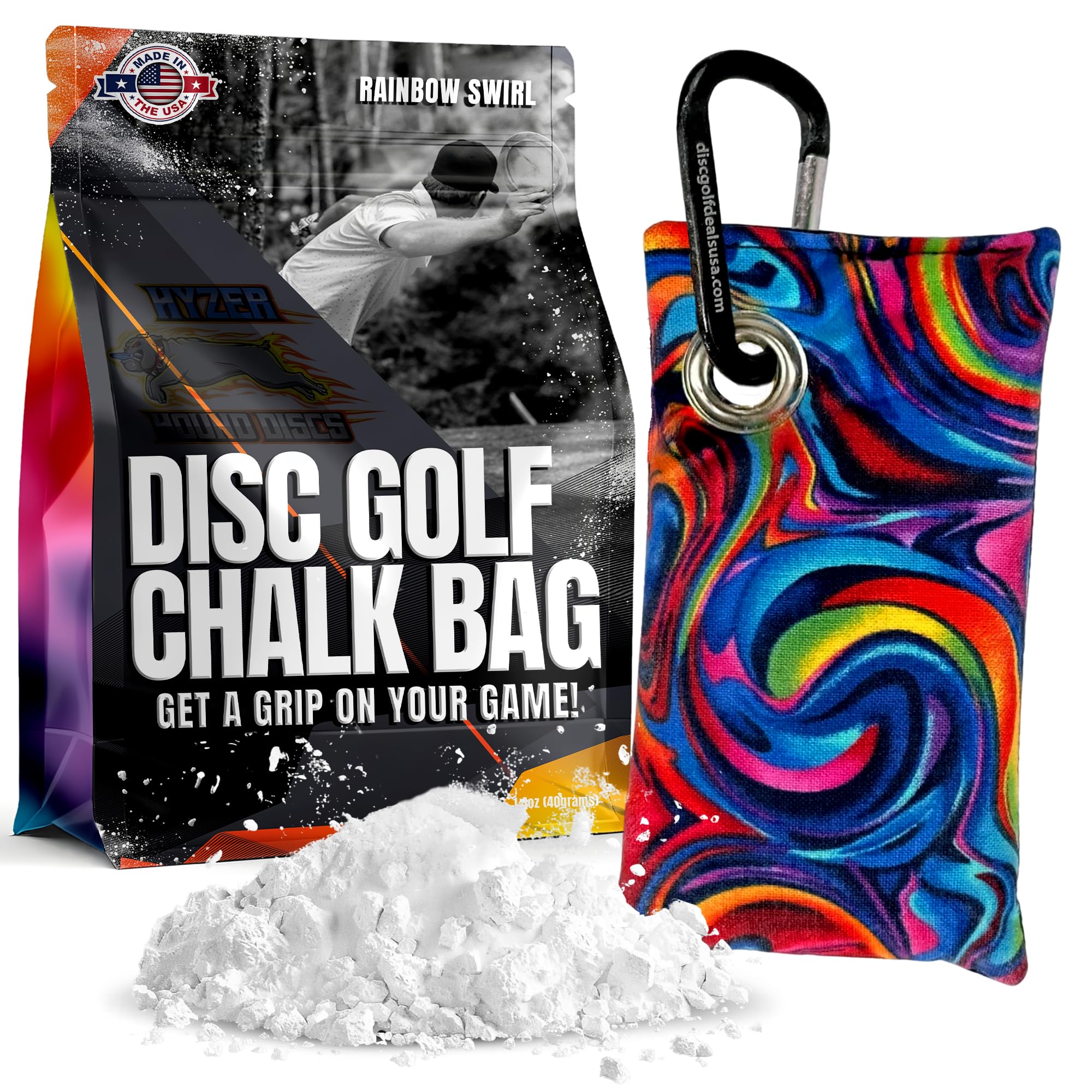 HYZER HOUND DISCS Disc Golf Chalk Bag - Moisture Absorbing Hand Grip Enhancer for Summer Play | Carabiner Attachment for Easy Bag Access | Improve Consistency & Performance | Essential Disc Golf Accessory for Hot Weather & Competitive Tournaments