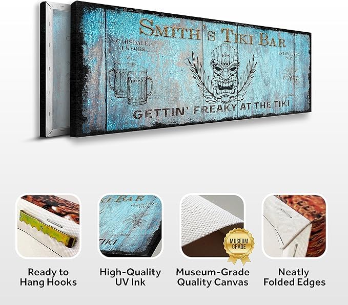 Custom Tiki Bar Sign - Personalized Canvas Wall Art for Man Cave, Outdoor, Kitchen, Pub & Restaurant Decor - 48x16in Wooden Framed Beach Bar Sign - Perfect for Tropical Parties, Home Bars & Themed Dining Rooms