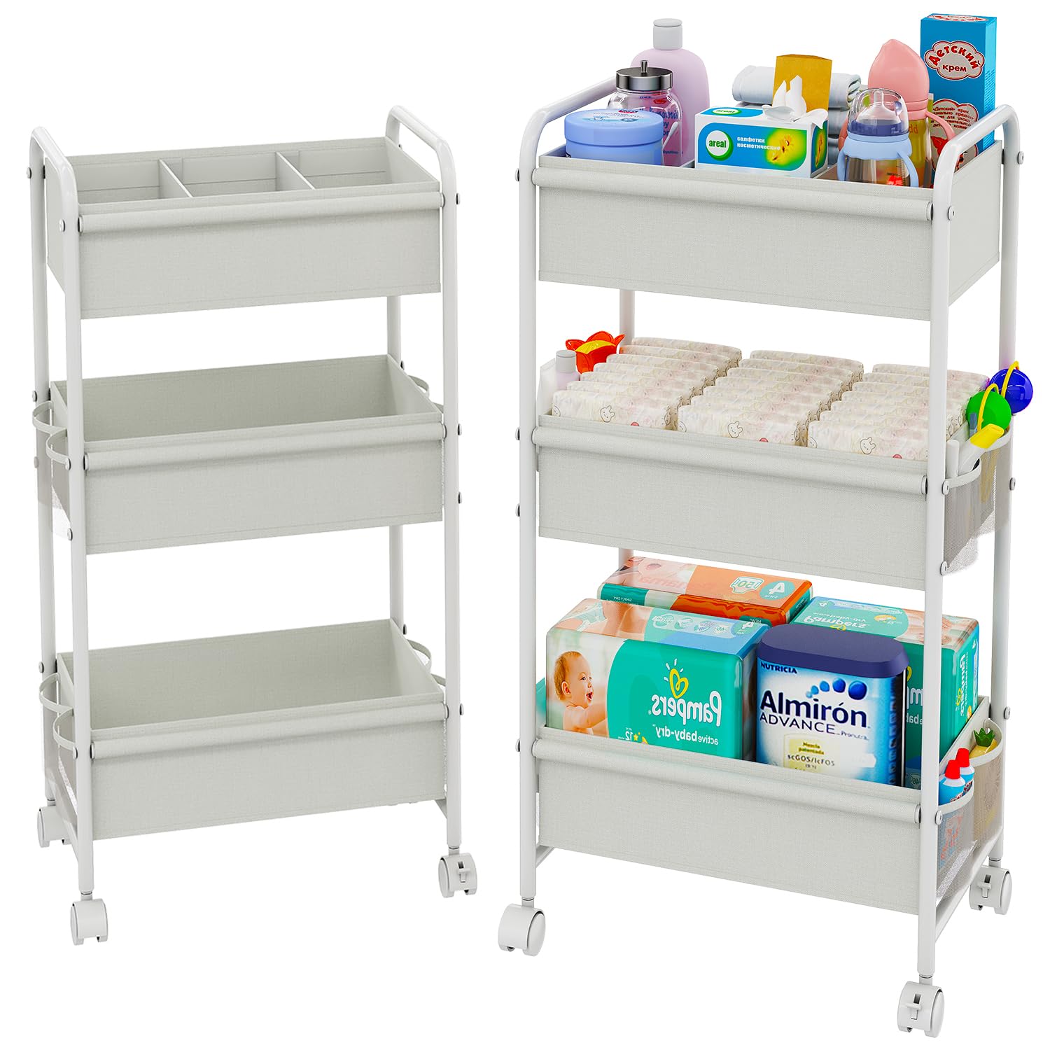 3-Tier Baby Diaper Caddy Cart Organizer with 2 Dividers & 8 Mesh Pockets - Mobile Nursery Storage Cart with Wheels, Durable Metal Utility Cart for Nursery, Bedroom, Bathroom Essentials Organization - Perfect for Baby Care, Home Organization & Daily Storage Needs