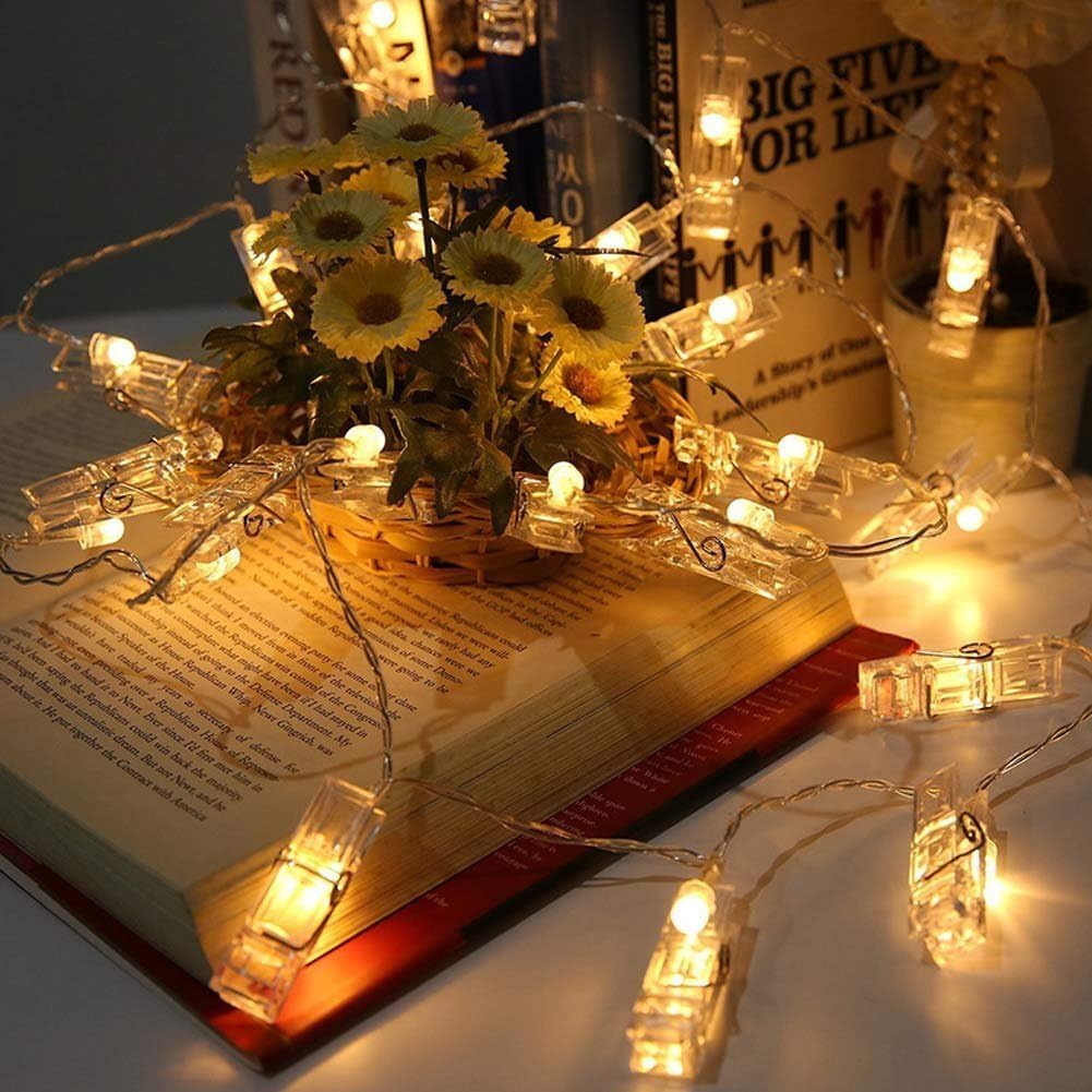 Exqline 40 LED Photo Clip String Lights - 5M Battery Powered Fairy Lights for Hanging Photos, Notes, Cards | Indoor Outdoor Christmas Decorations (Warm White) - Perfect for Bedroom, Wedding, Party & Wall Decor