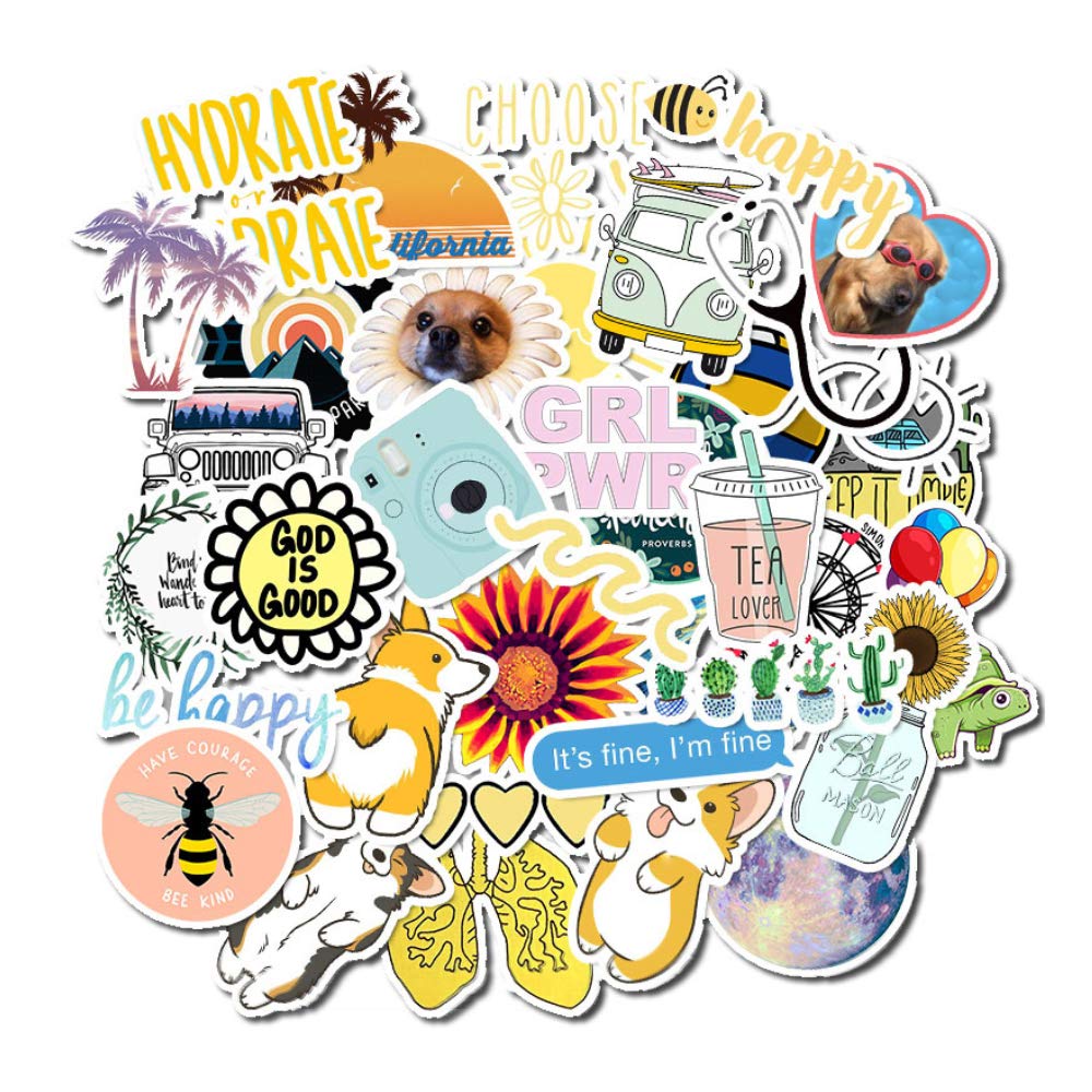 50 Pack Waterproof Cute Aesthetic Stickers for Water Bottles, Laptop, Guitar, Luggage & Skateboard - Trendy Vinyl Decals for Kids, Girls, Teens & Adults (Yellow) - Perfect for Personalizing School Supplies, Travel Gear & DIY Projects