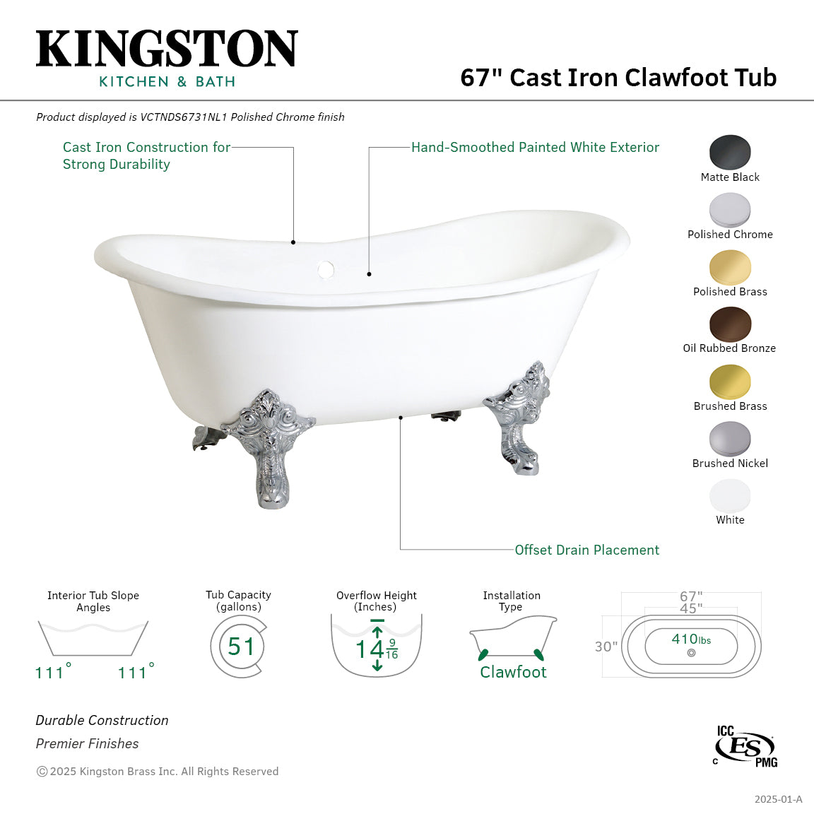 Aqua Eden 67 Inch White Cast Iron Clawfoot Bathtub - Oil Rubbed Bronze Double Slipper Oval Tub (No Faucet Holes) | Vintage Bathroom Decor, Luxury Soaking Tub for Spa-Like Relaxation at Home