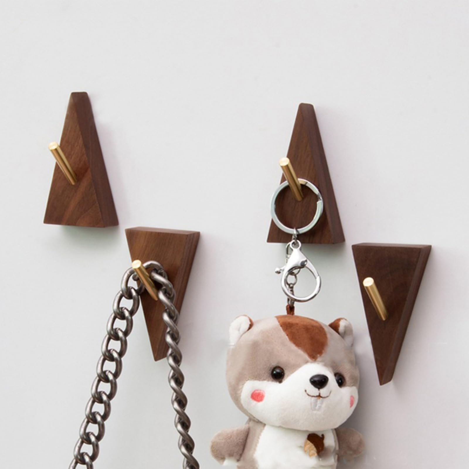 Decorative Wooden Wall Hooks - 4 Pack Small Walnut Wood & Golden Metal Coat Hooks (2.95in Height) - Adhesive or Wall Mounted for Hanging Hats, Towels, Robes, Clothes, Keys & Bags - Perfect for Entryway, Bathroom, Bedroom & Closet Organization