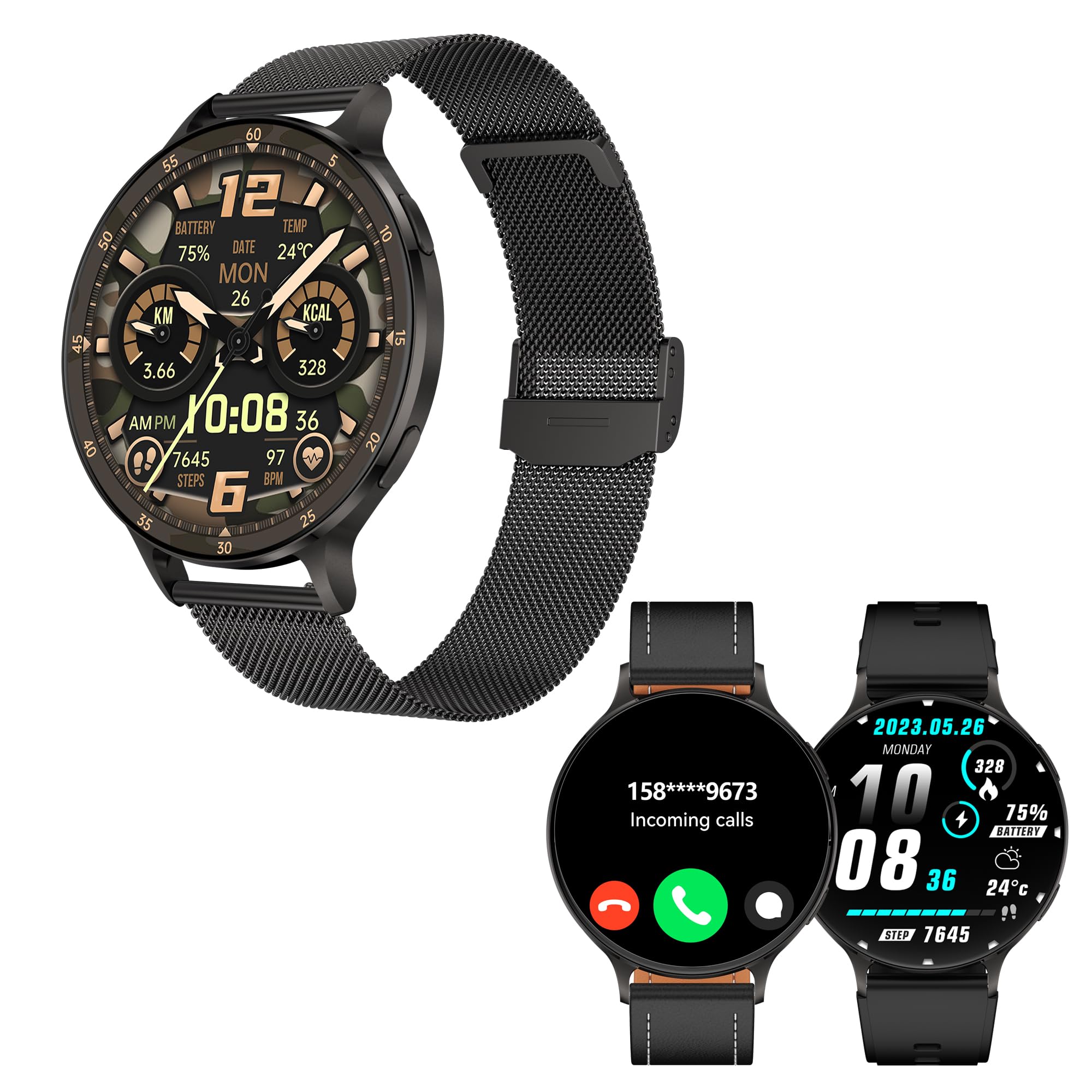 Ultra-Slim Smart Watch for Women & Men - AMOLED Touchscreen, SpO2/Heart Rate/Sleep Monitor, Waterproof Fitness Tracker with Call Function & 2 Bands (Compatible with iPhone Samsung Android) - Perfect for Workouts, Running, Swimming & Daily Activity Tracking