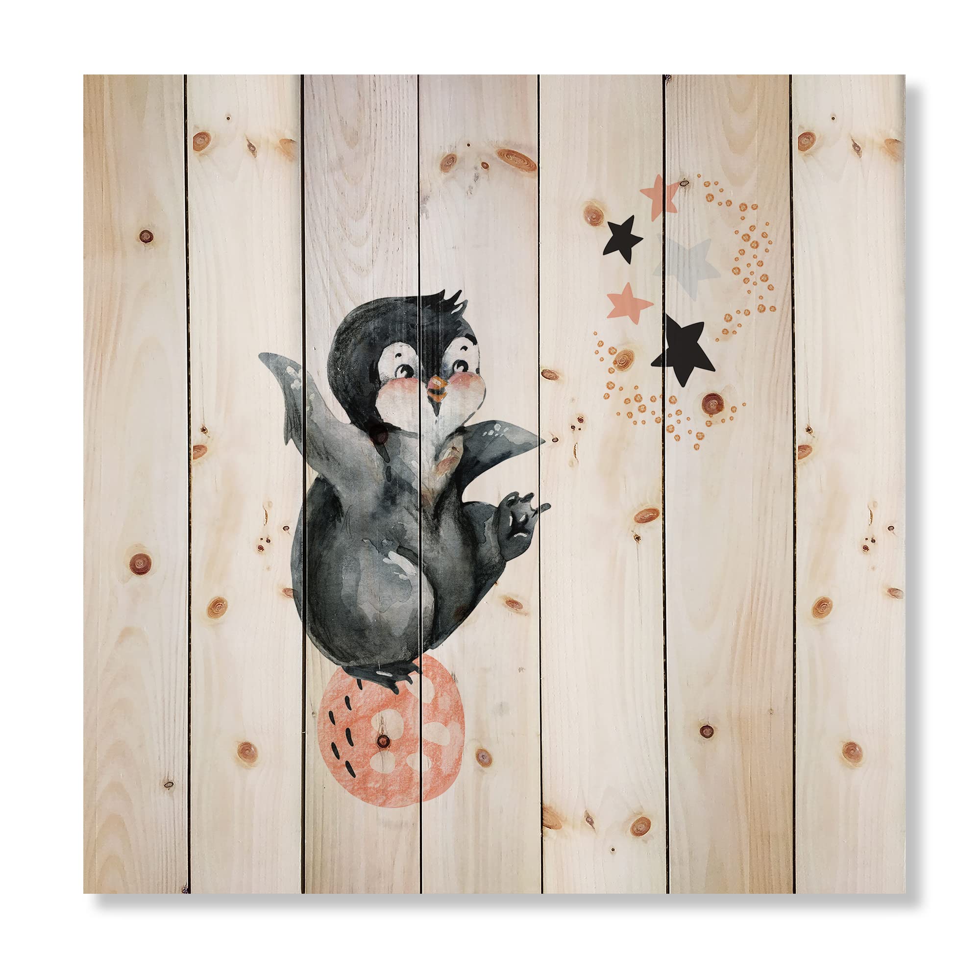 DesignQ Little Penguin with Stars and Planets II - Farmhouse Wood Wall Decor, Grey Wood Wall Art, Large Animal Wood Panels Printed on Natural Pine - Perfect for Nursery, Kids' Room, or Coastal Home Decor
