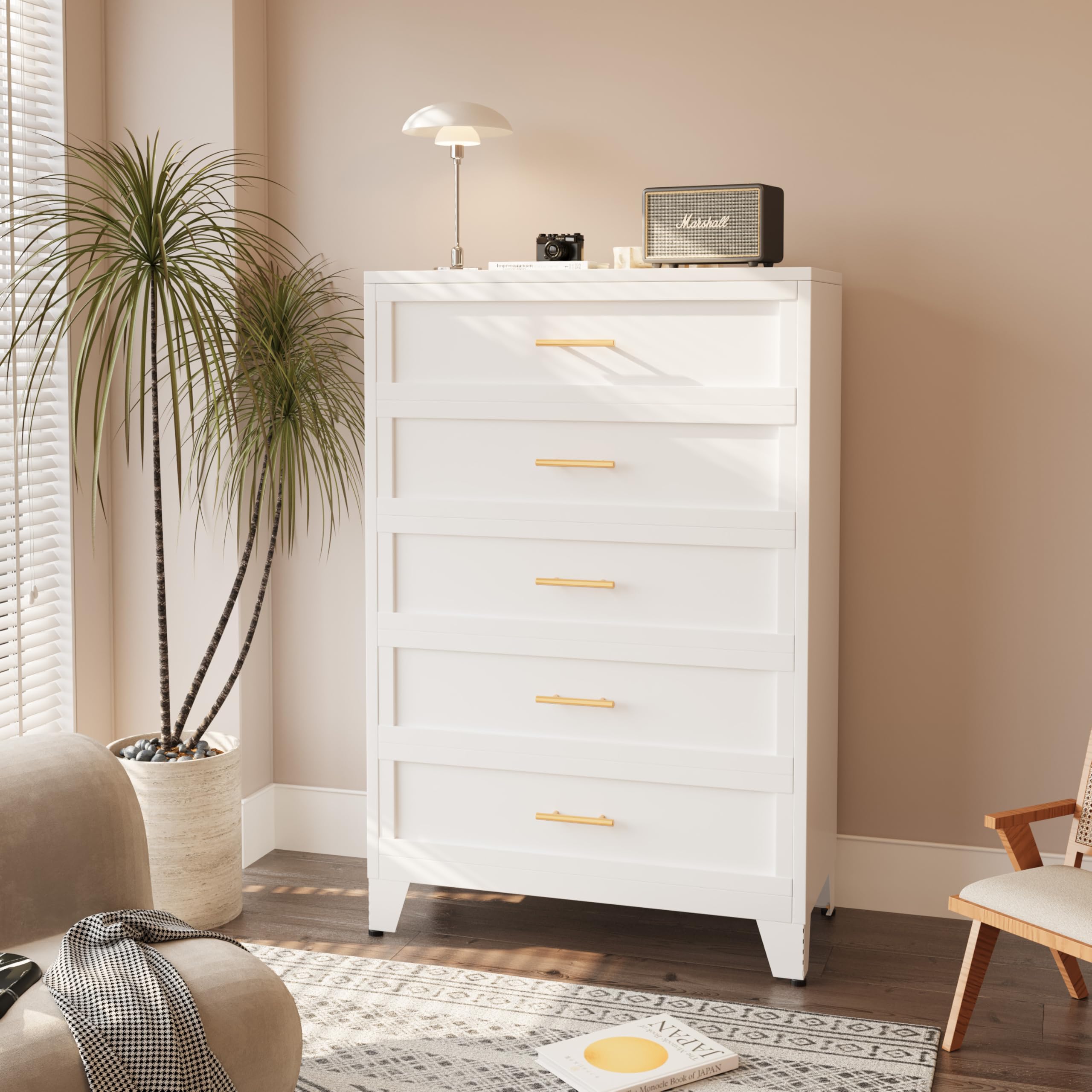 White 5-Drawer Tall Metal Dresser for Bedroom - Large Storage Chest of Drawers for Living Room, Hallway, Entryway & Home Office - Perfect for Organizing Clothes, Bedding & Office Supplies