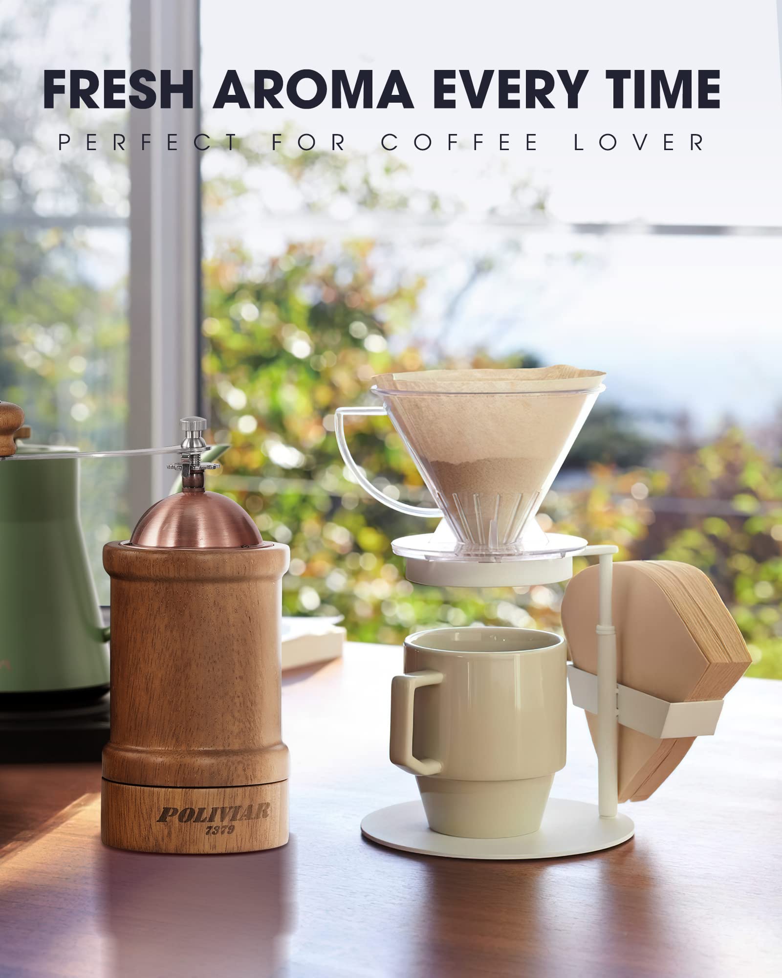 Premium Manual Coffee Grinder - Adjustable Ceramic Burr, Vintage Wooden Hand Mill for Fresh Ground Coffee - Large Capacity with Brush & Spoon - Perfect for Home, Camping & Travel (JX2022-CG20)